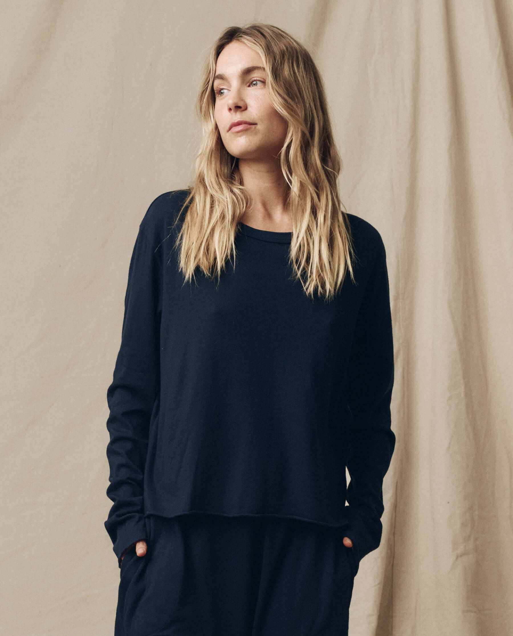 Women's Long Sleeve Crop Top - True Navy Blue Basic Tee for Casual Wear, Layering & Street Style Outfits