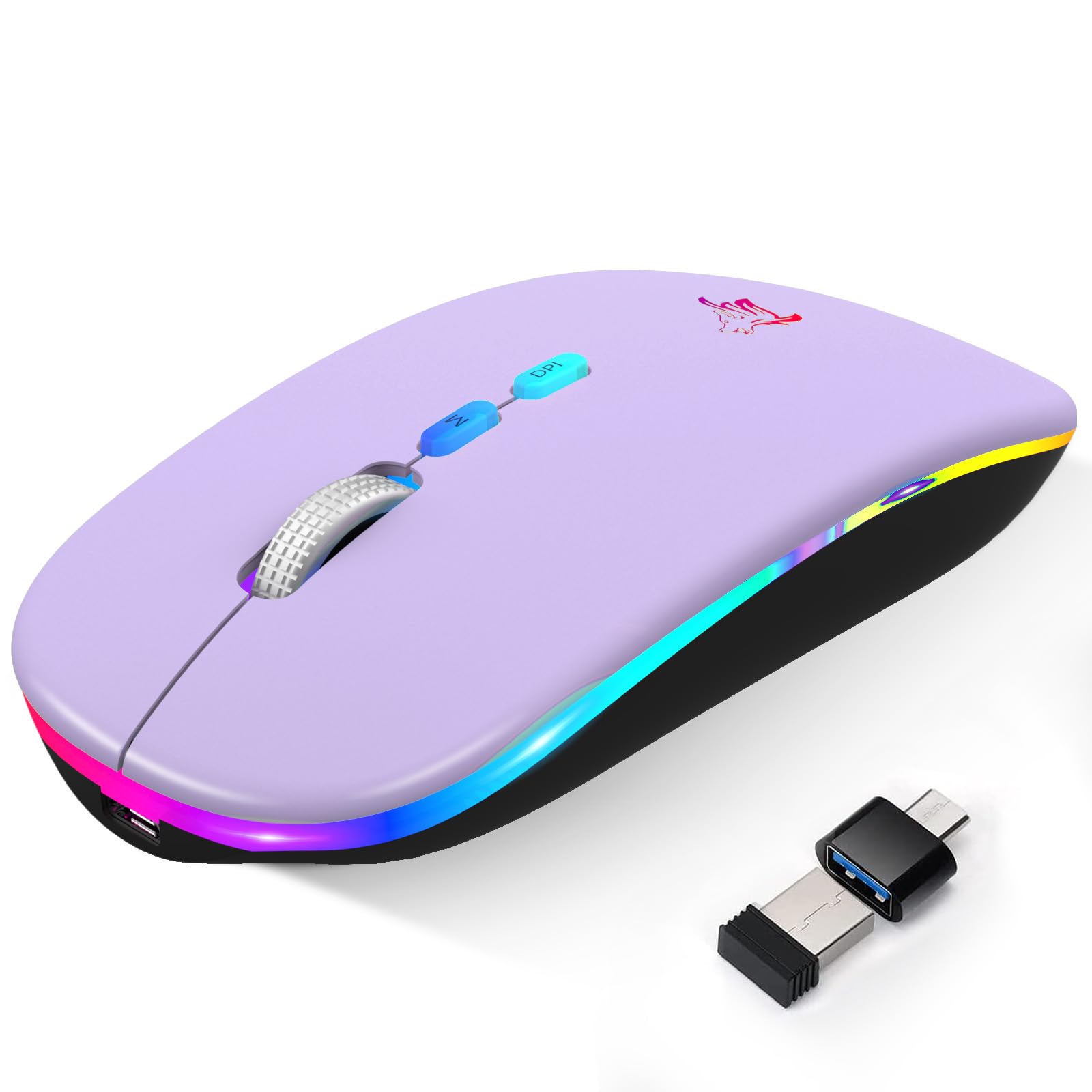 BQSS Slim Rechargeable Wireless Mouse - 2.4G & Bluetooth Dual Mode, Silent Click USB Optical Mouse with USB Receiver & Type C Adapter, Light Purple - Perfect for Office, Home & Travel Use