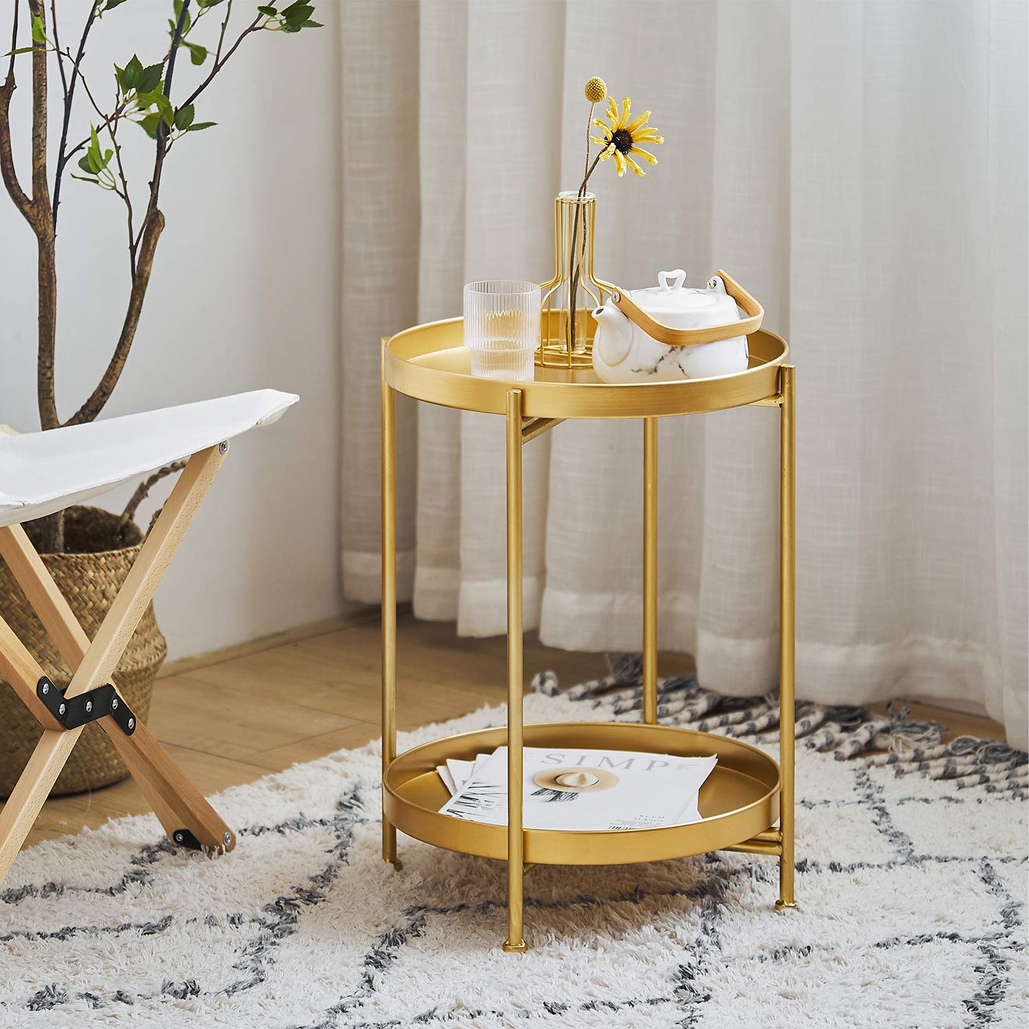 2-Tier Round Metal End Table with Foldable Design - 20