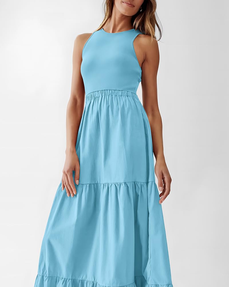 BTFBM Women's Sleeveless Summer Maxi Dress - Wedding Guest Dress with Ribbed Knit Top & Pockets - Flowy Polyester Skirt for Beach Vacations, Garden Parties & Special Occasions