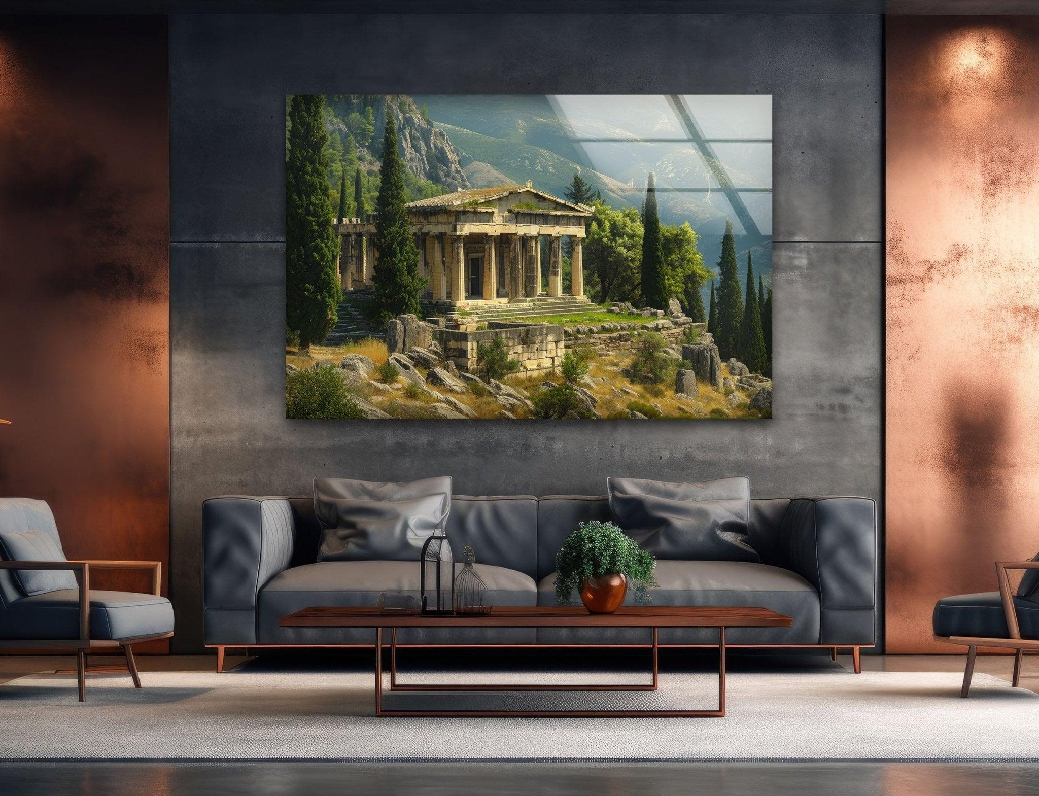 Ancient Greek Temple Stained Glass Wall Art - Handmade Window Panel for Home Decor, Church, and Office