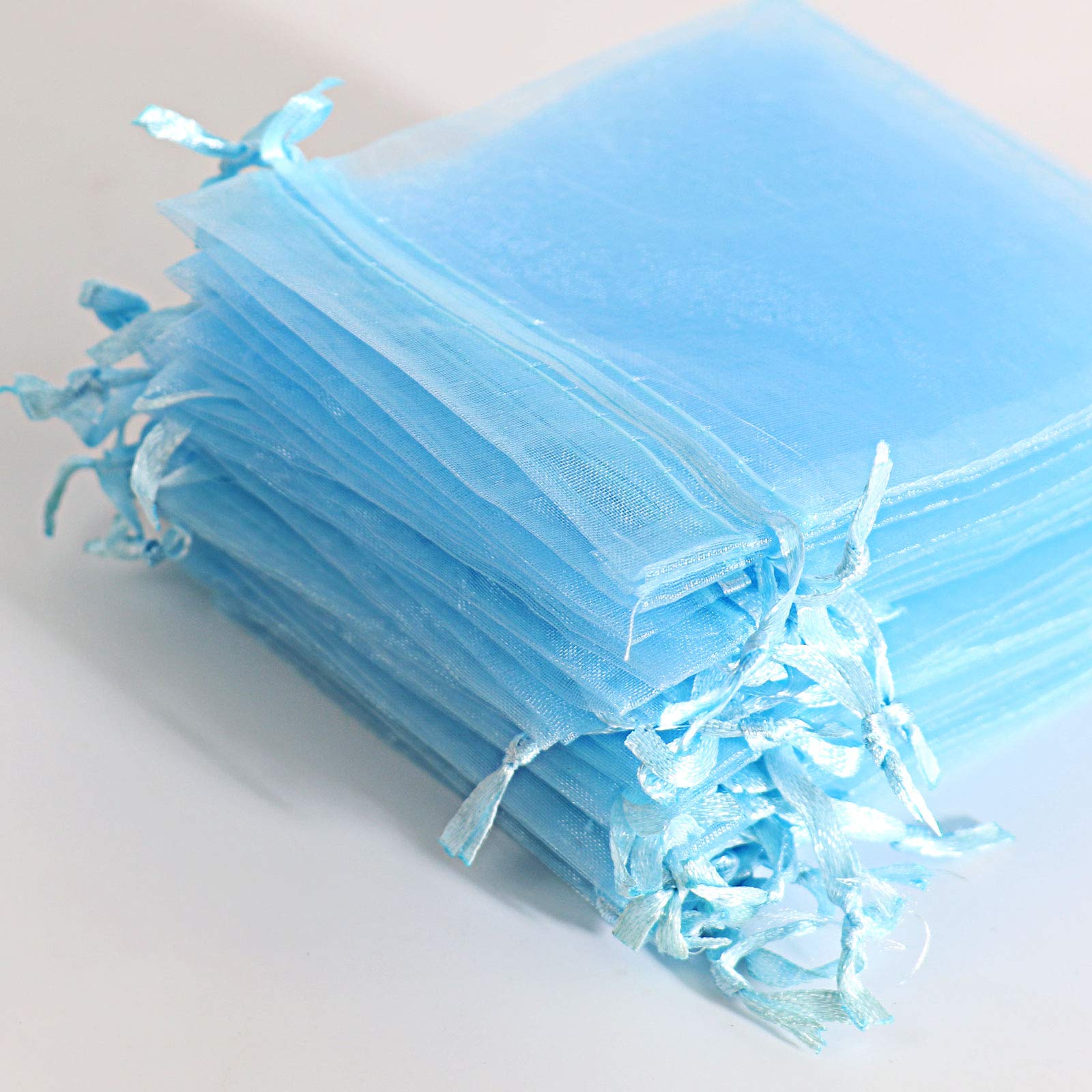 100Pcs Sky Blue Organza Drawstring Bags 3.5x4.5 Inches - Premium Mesh Gift Bags for Christmas, Wedding Favors, Jewelry Packaging & Party Decorations