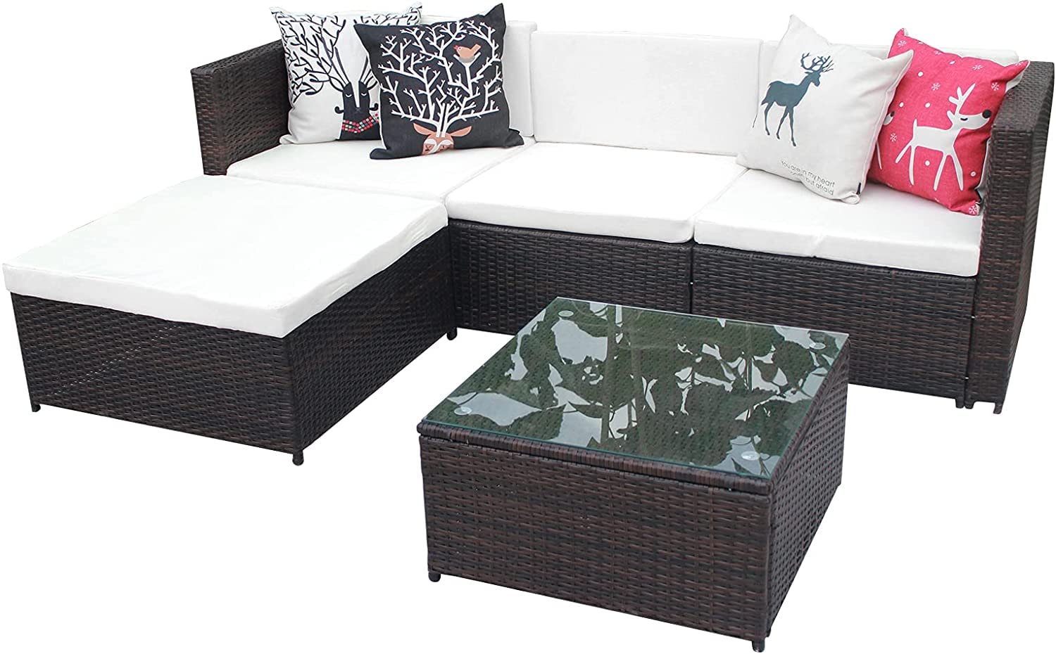 5-Piece All-Weather Wicker Patio Sectional Sofa Set with Cushions & Glass Table - Outdoor Furniture for Garden, Poolside & Backyard Relaxation