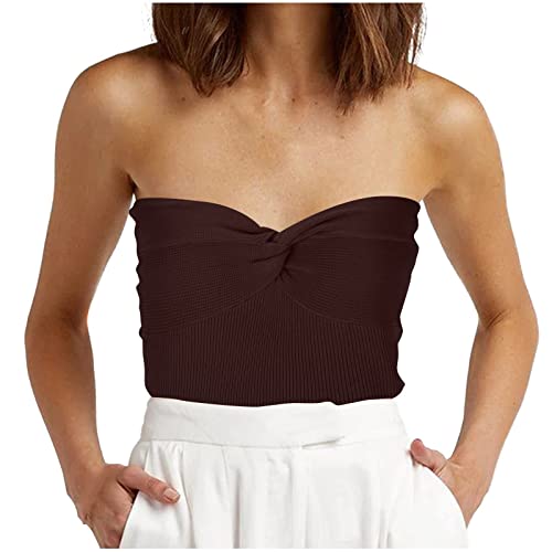 Women's Strapless Ribbed Knit Tube Crop Top - Cute Sexy Twisted Knot Front Sleeveless Shirt for Summer, Beach, Party & Casual Wear