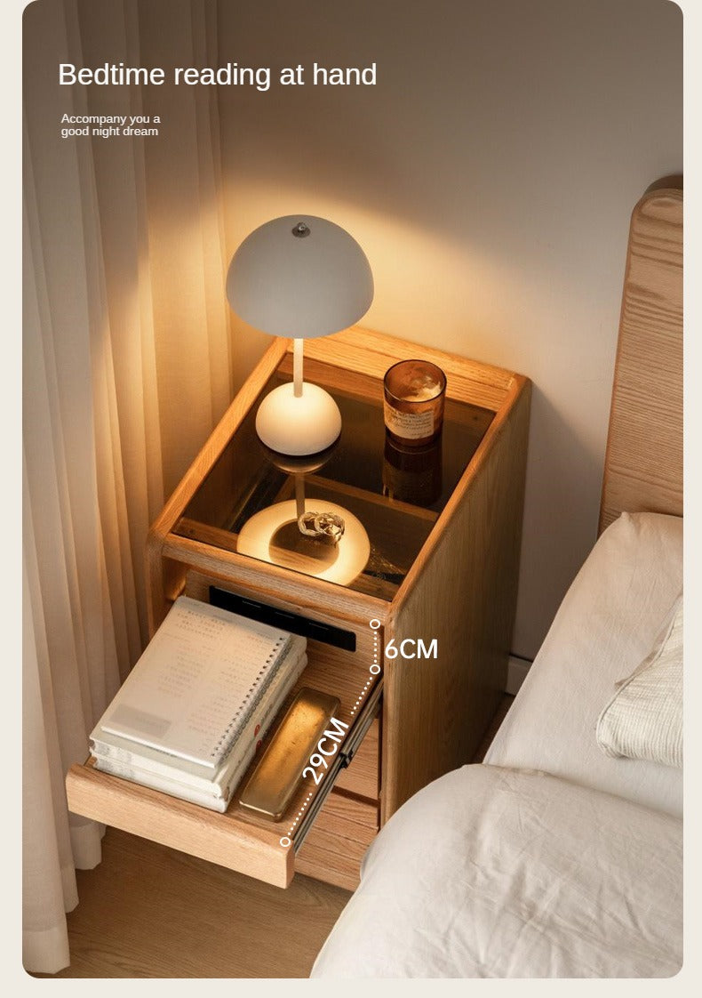 Solid Oak Wood Nightstand with Glass Top - Modern Movable Bedside Table for Bedroom, Living Room, or Office