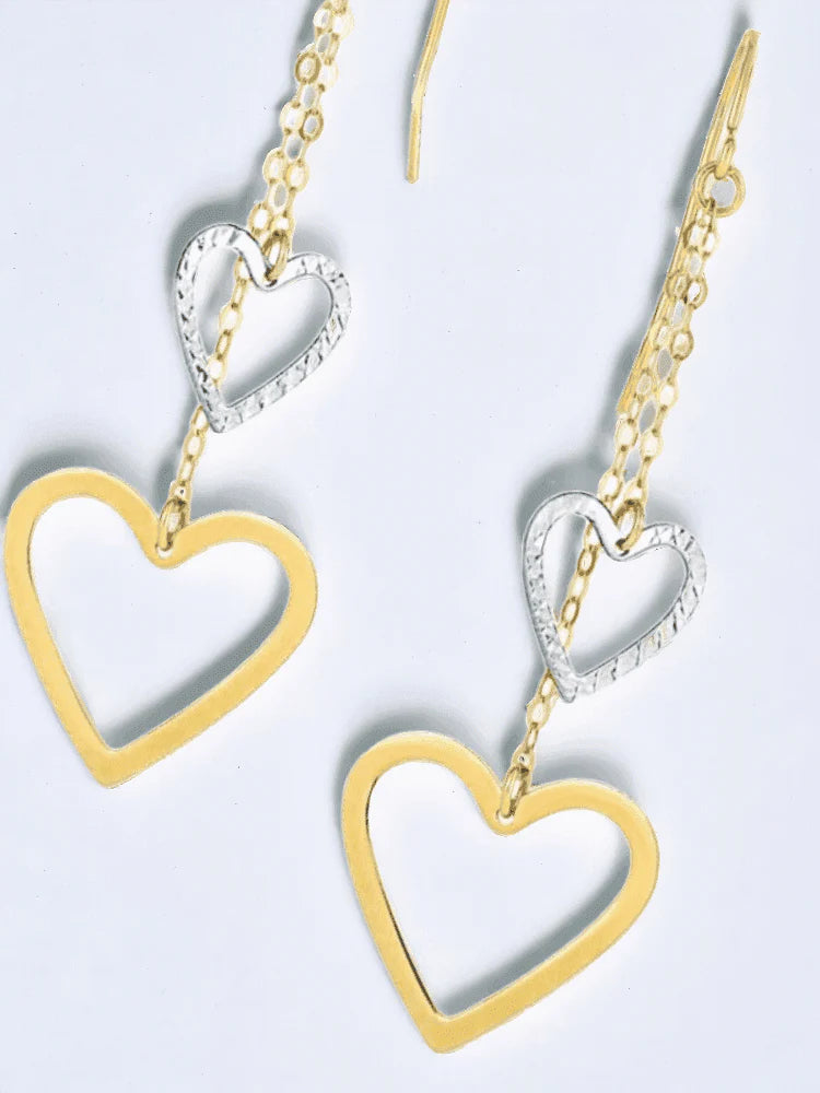 10K Two Tone Gold Heart Cutout Dangling Drop Earrings for Women - Elegant Jewelry Gift for Valentine's Day, Anniversary & Special Occasions