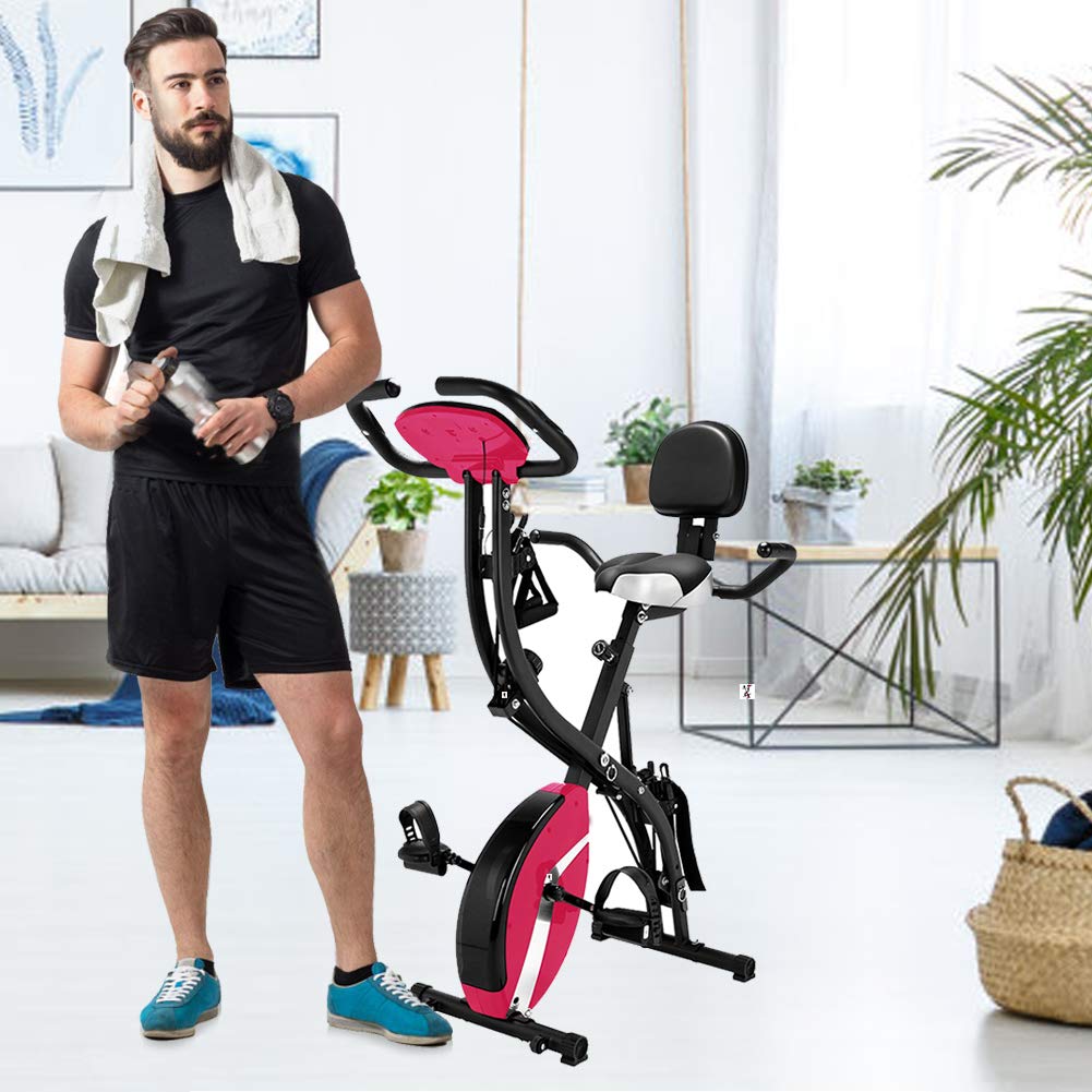 3 in 1 Magnetic Foldable Upright Exercise Bike with LCD Display & Pulse Sensor - Adjustable Recumbent Bike for Home Gym, Cardio Workout & Indoor Cycling - Comfortable Seat, Backrest & Handles (Pink) | Perfect for Small Spaces, Apartment Workouts & Senior Fitness