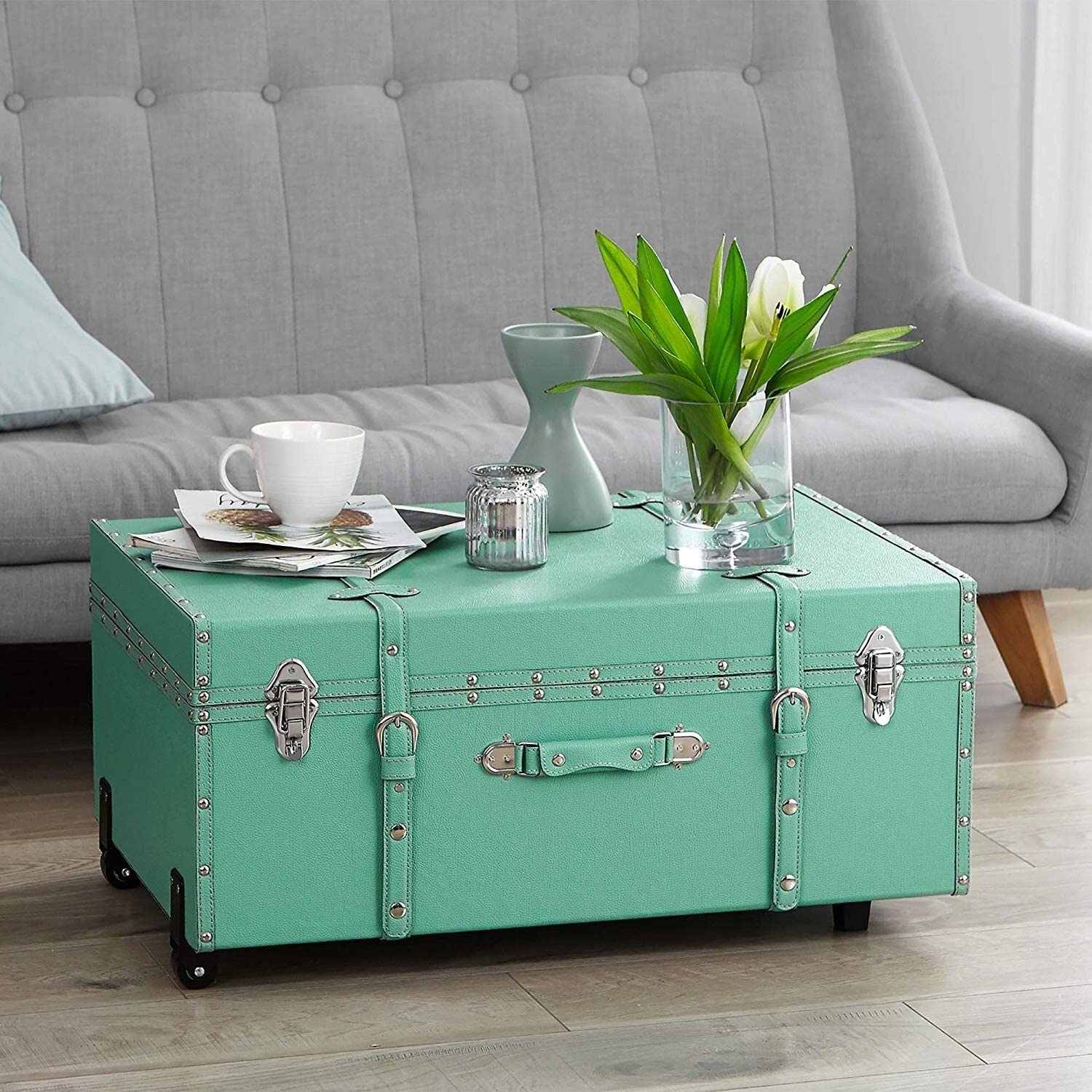 Premium Designer Wooden Baby Trunk with Wheels - Green Lift Top Storage Chest for Nursery, Kids Room, and Travel Organization