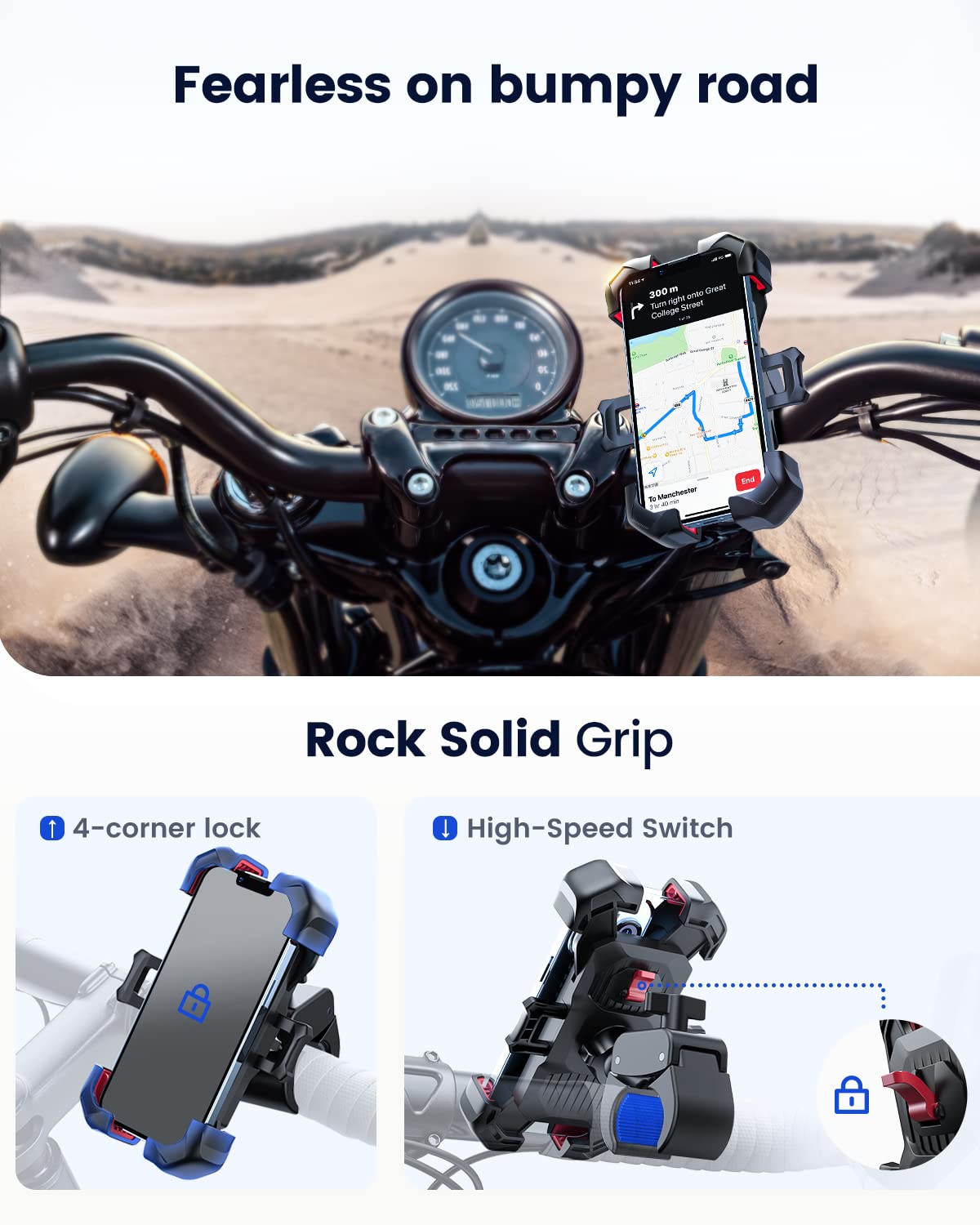 JOYROOM Motorcycle Phone Mount - 1 Second Auto Lock, 100mph Military Anti-Shake Bike Phone Holder for Bicycle - 10 Second Quick Install Handlebar Phone Mount Compatible with iPhone Samsung & All Smartphones - Perfect for Motorcycle Riding, Biking & Outdoor Adventures