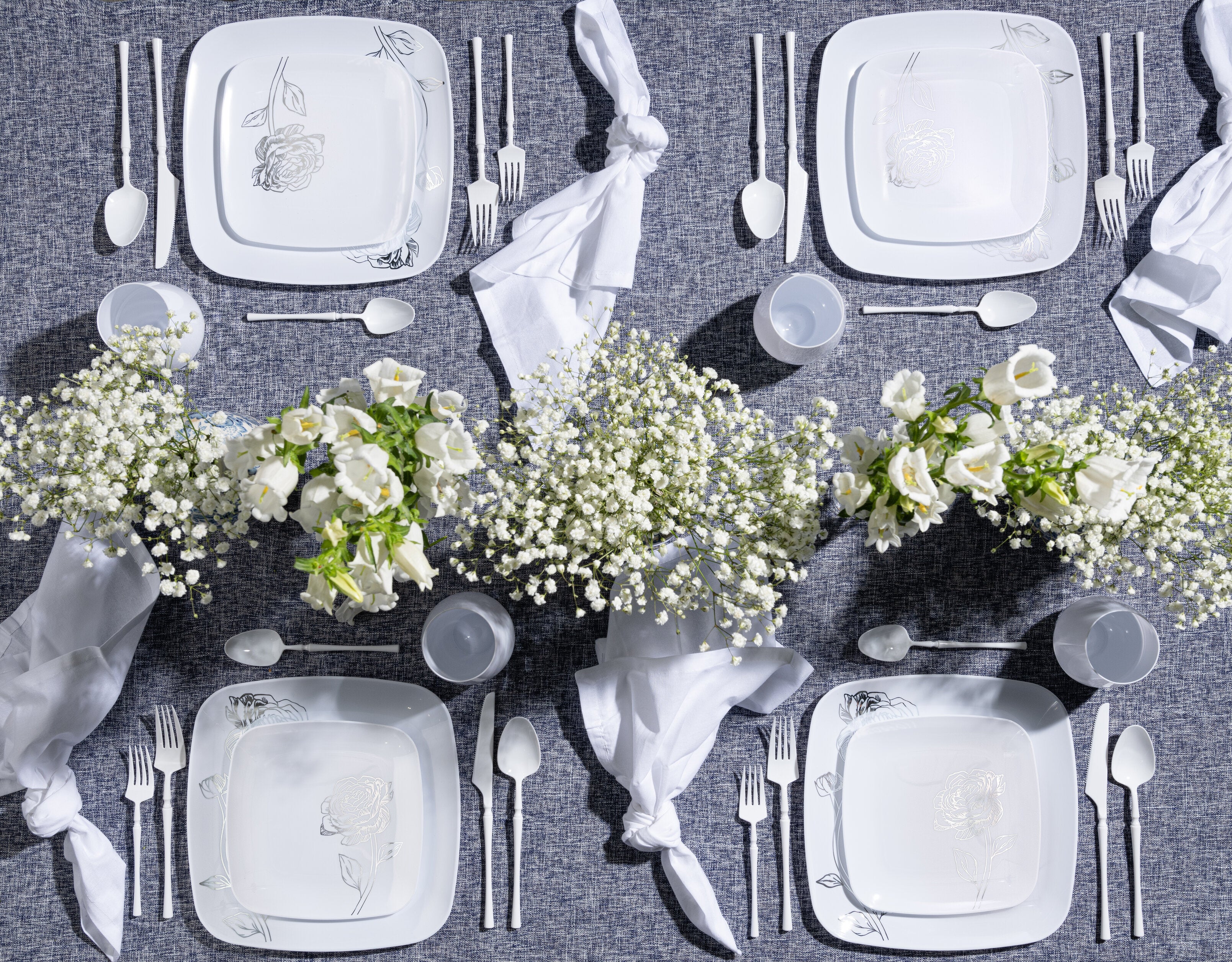 White and Silver Square Plastic Plates - Elegant Peony Design for Parties, Weddings, and Outdoor Dining - Durable Disposable Tableware for Events and Gatherings