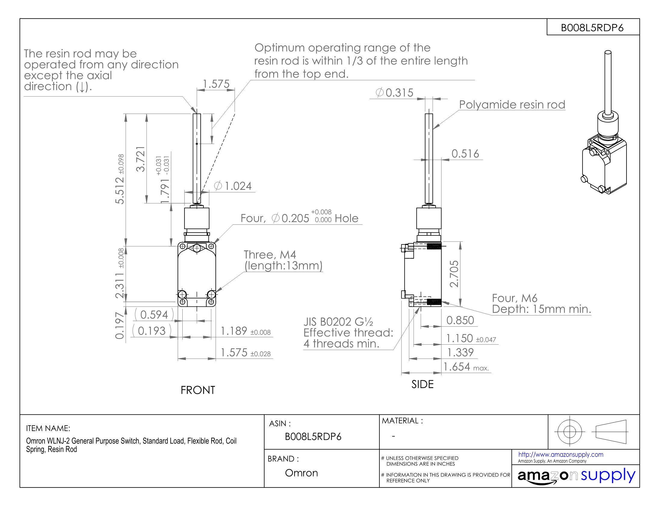 Omron WLNJ-2 General Purpose Switch - Standard Load, Flexible Rod, Coil Spring, Resin Rod - Ideal for Industrial Automation, Machinery & Control Panels