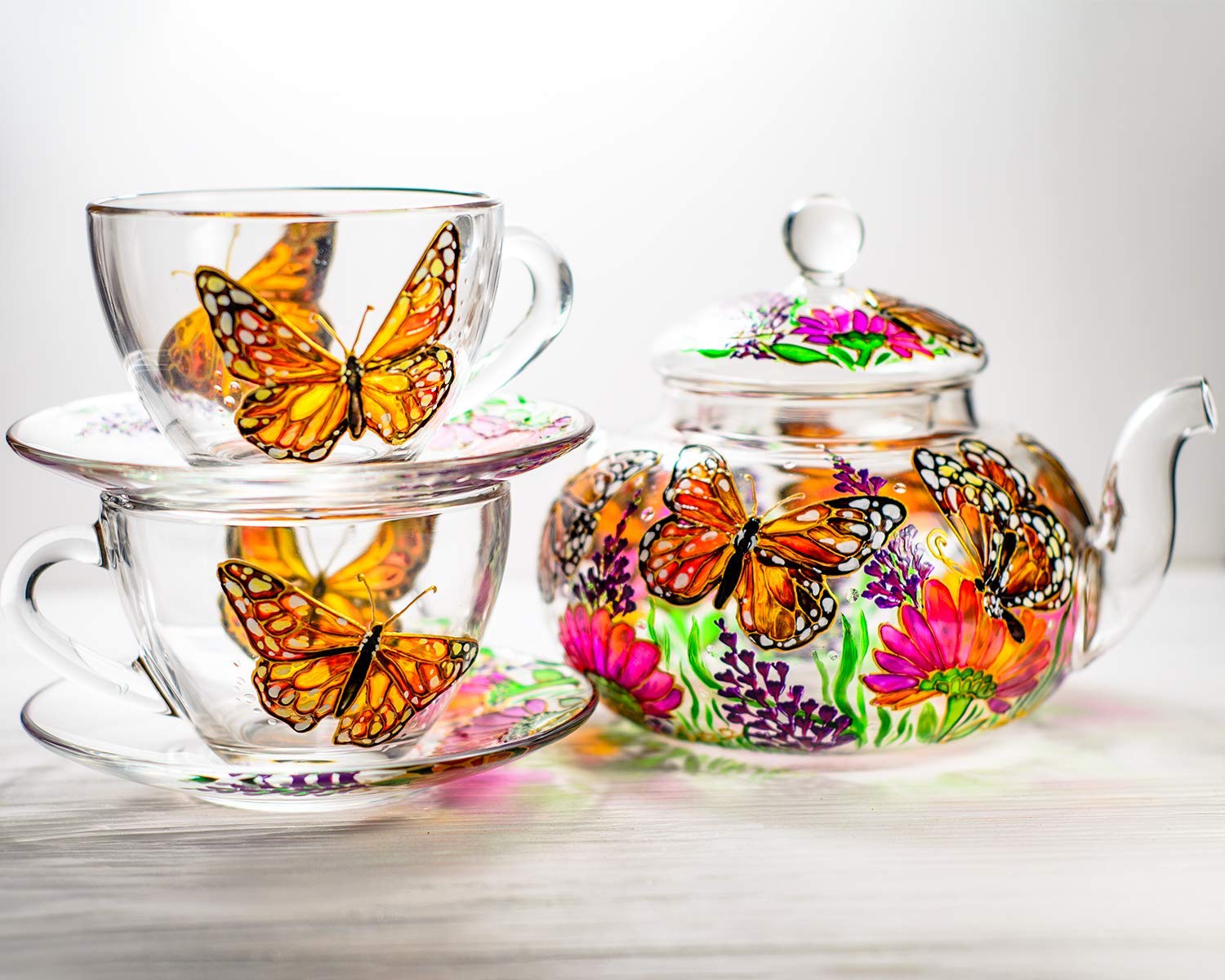 Hand-Painted Butterflies & Flowers Teapot Set with 2 Cups & Saucers - Elegant Wedding & Mother's Day Gift for Women - Luxury Tea Accessories for Afternoon Tea Parties & Bridal Showers