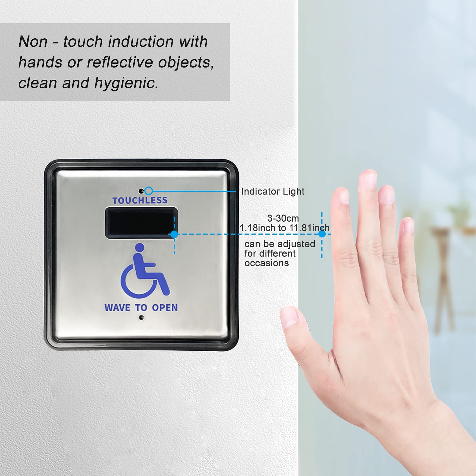 Olideauto Wireless Handicap Wave Sensor Switch - Automatic Door Opener with WiFi Function, 4.5'' Stainless Steel Square Panel (Model Olide-512N) - Ideal for ADA Compliant Restrooms, Hospitals & Public Facilities