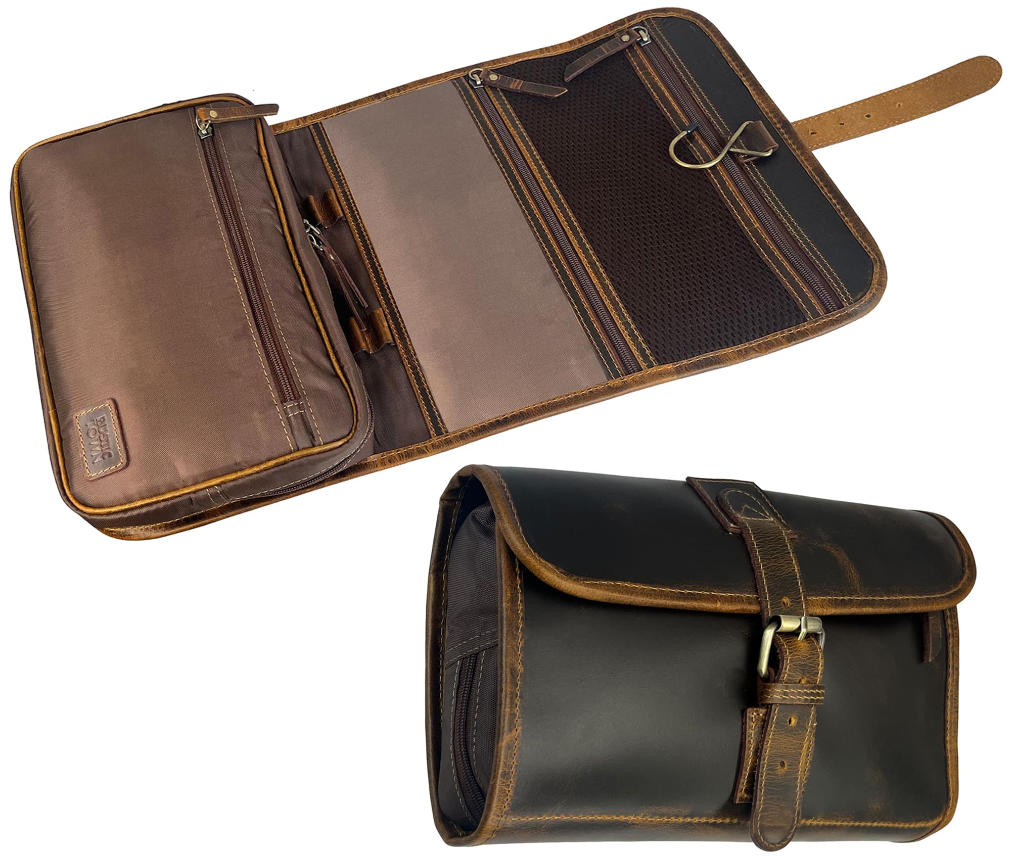 Rustic Town Leather Toiletry Bag for Travel & Shower - Men & Women