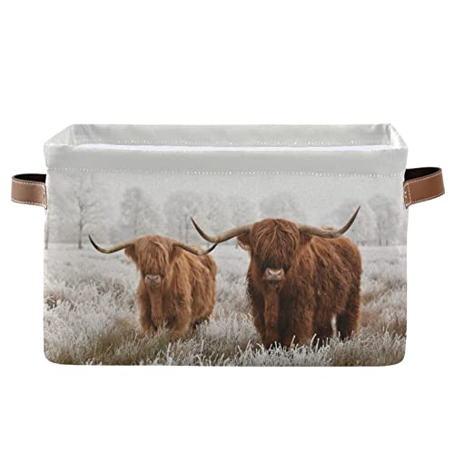 Collapsible Highland Cow Storage Basket with Leather Handles - Home & Office Organizer for Nursery & Living Spaces