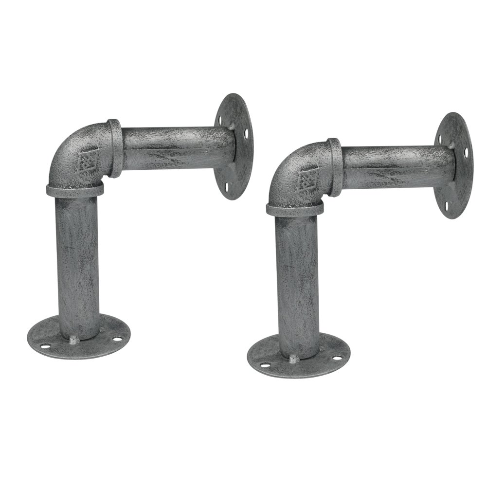 15×13cm Heavy Duty Iron Pipe Shelf Brackets - Wall Mounted Floating Shelf Supports for Home & Office (Silver & Black, 2-Pack) - Perfect for Living Room, Bedroom, Kitchen Storage & Display