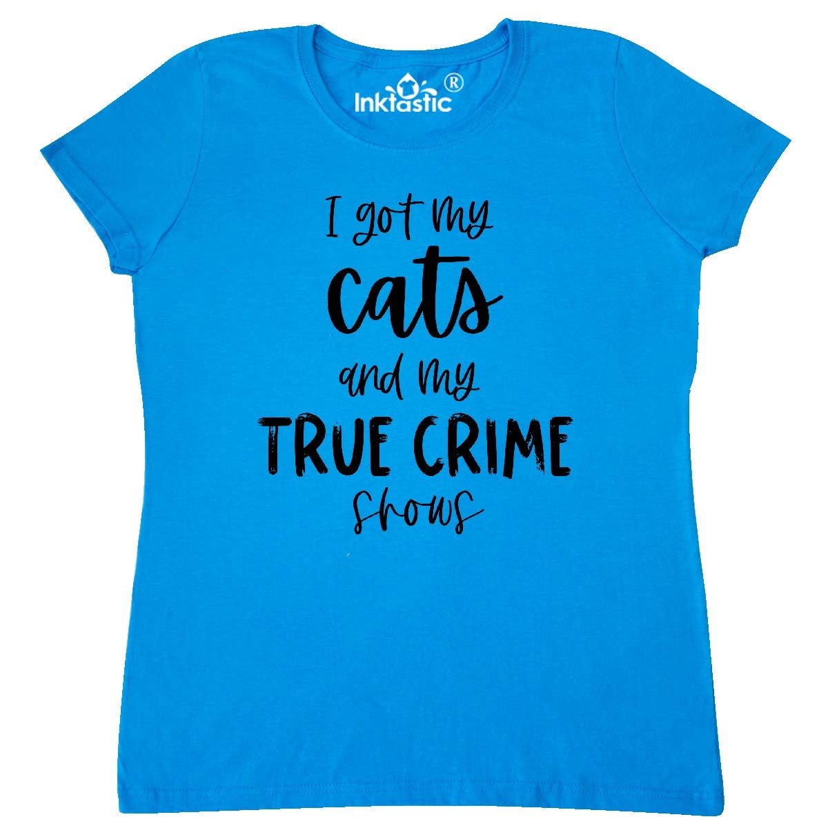 Inktastic Women's Funny Cat & True Crime T-Shirt - Cute Graphic Tee for Cat Lovers & Crime Show Fans - Perfect for Casual Wear, Gifts & Themed Parties