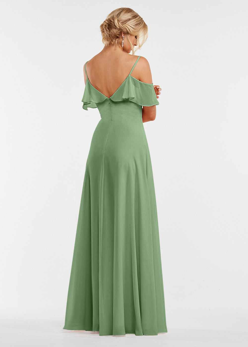 Elegant Off Shoulder Ruffled Chiffon Bridesmaid Dress - A-Line Flowy Design for Weddings, Parties & Special Occasions