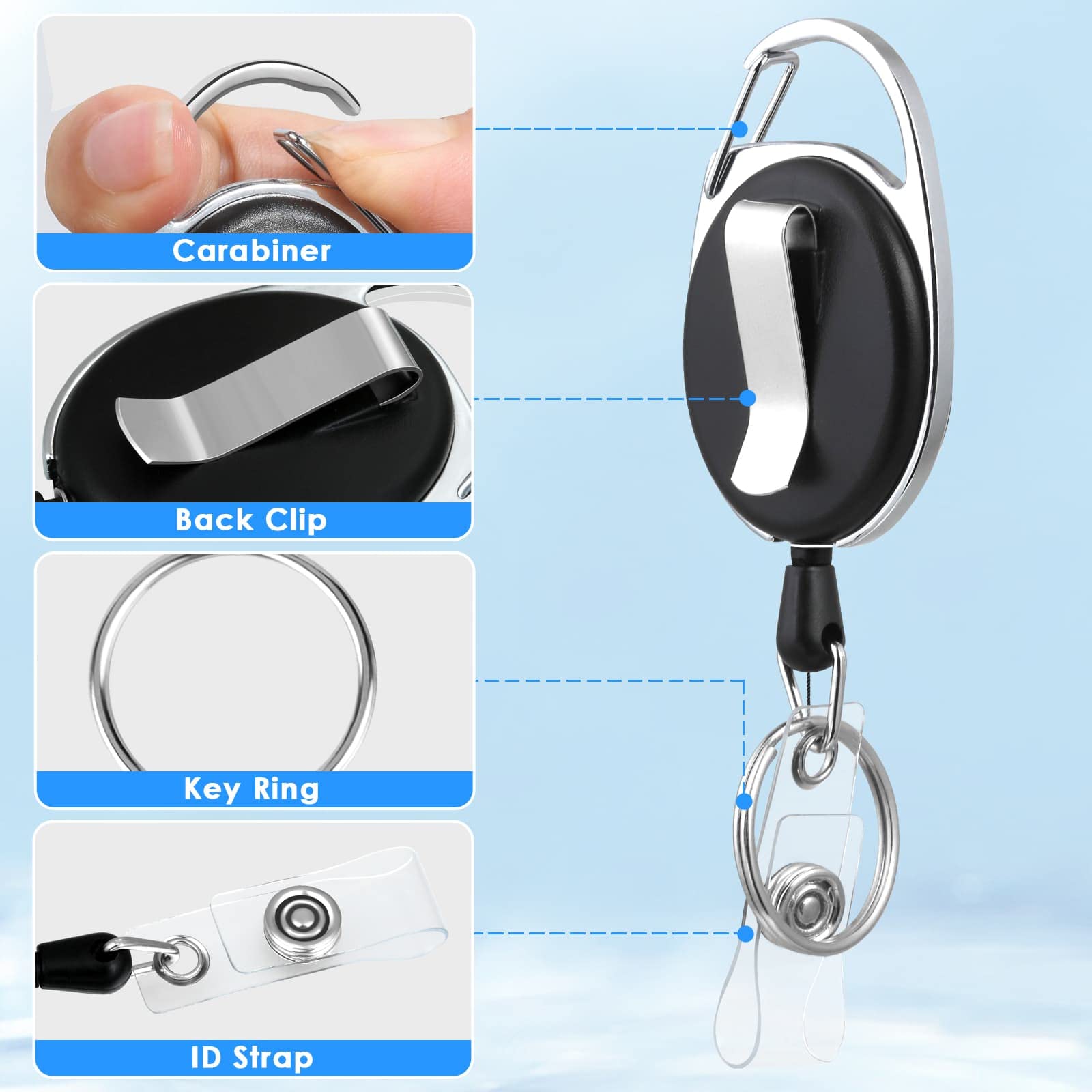 Selizo 6-Pack Retractable ID Badge Holder Reel with Clip - Black | Secure Key Card & Employee Badge Holder for Work, Events & Conferences