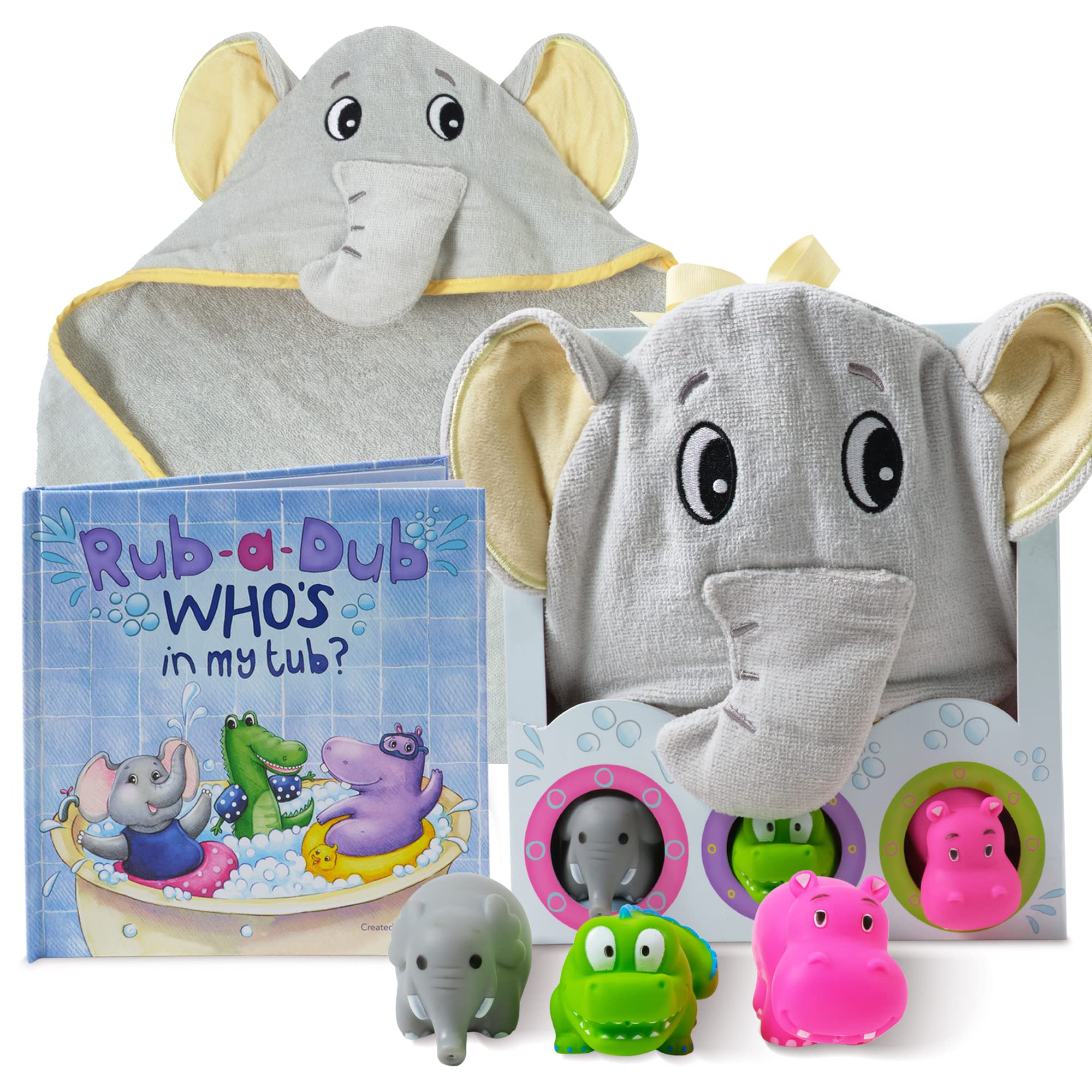 Tickle & Main 5-Piece Baby Bath Gift Set - Elephant Hooded Towel, 3 Jungle Safari Squirt Toys & Book for Boys & Girls | Perfect Baby Shower, Newborn Gift & Bath Time Fun
