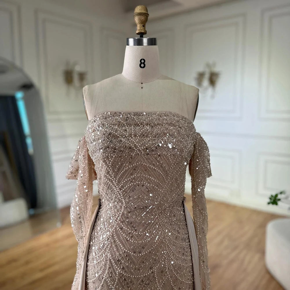 Luxury Dubai Arabic Pearl Beaded Mermaid Evening Gown with Detachable Overskirt - Formal Wedding Dress for Brides, Prom, Gala & Special Occasions