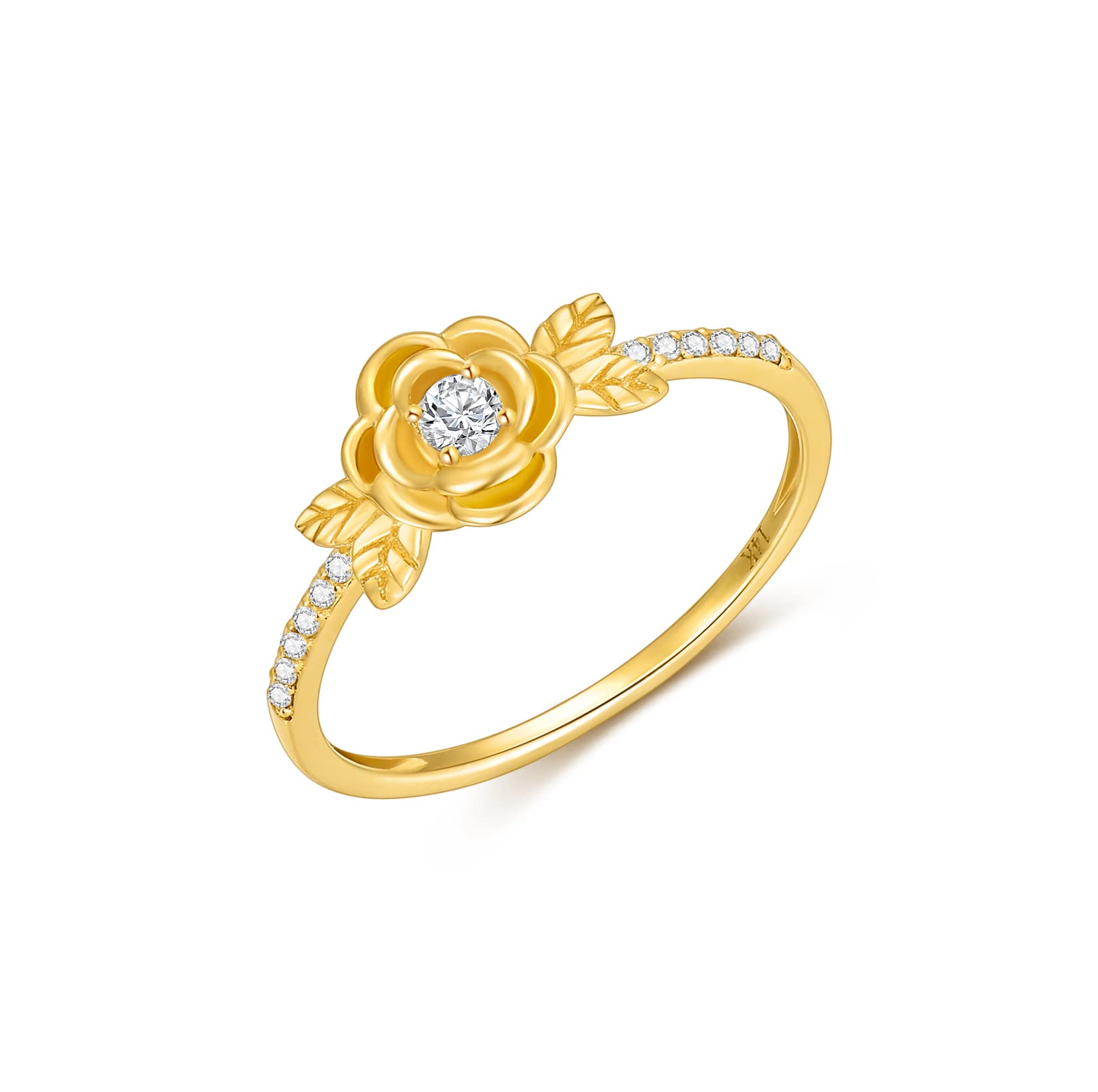 14K Real Gold Rose Flower Ring for Women - Yellow Gold Natural Diamond Engagement Ring, Wedding Band, Anniversary & Birthday Gift for Her - Perfect for Proposals, Weddings, and Special Occasions