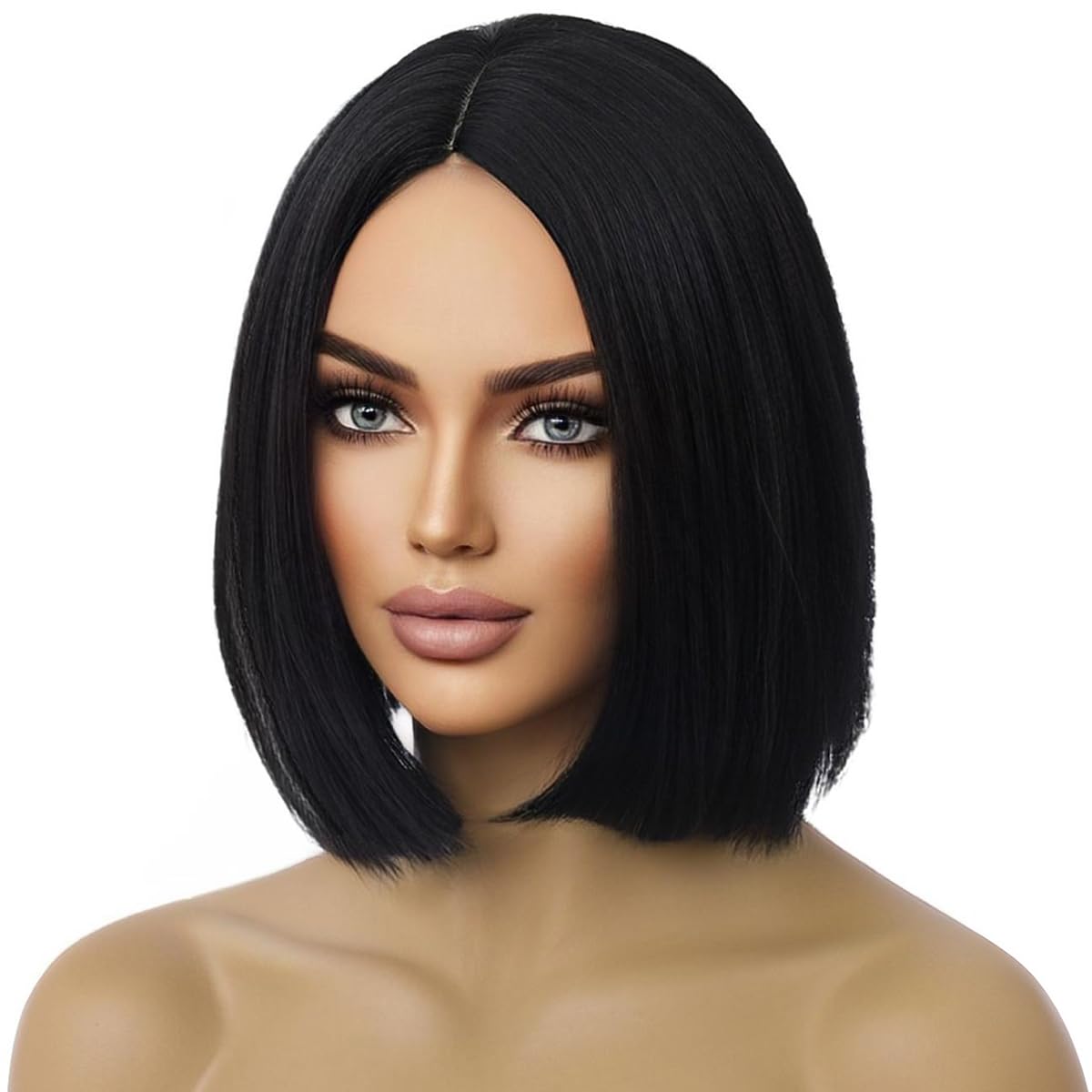 Black Bob Wig with Middle Part - Short Straight Synthetic Heat Resistant Hairpiece with Adjustable Cap (10 Inches) - Perfect for Cosplay, Halloween Costumes & Daily Fashion