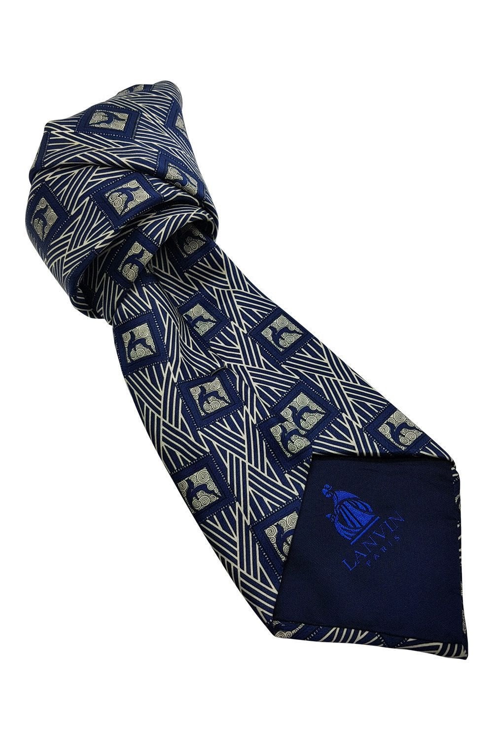 LANVIN Blue 100% Silk Geometric Print Classic Length Designer Tie (58