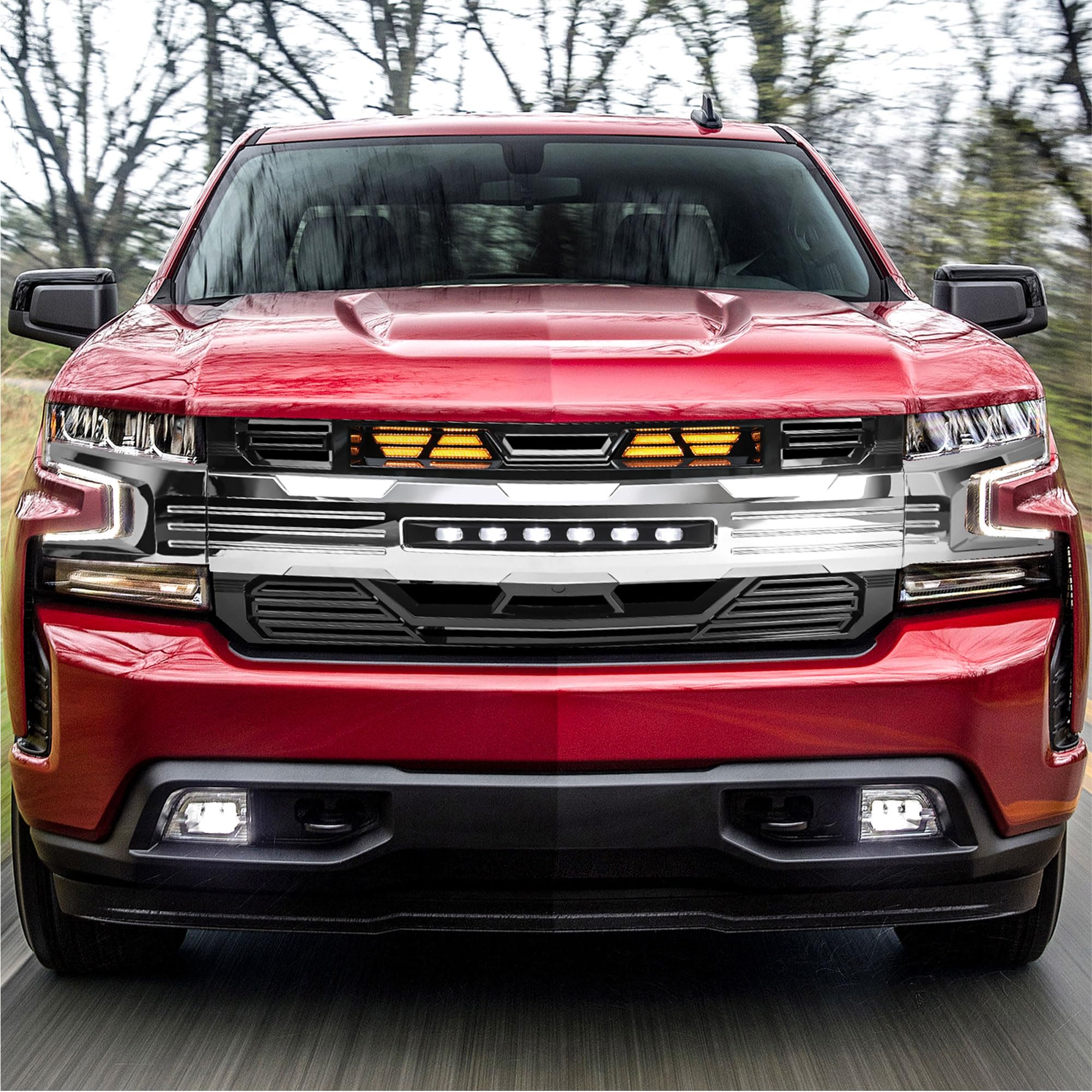 2019-2021 Chevy Silverado 1500 LED Light Chrome Armor Grille | Heavy Duty Front Bumper Protection | Off-Road & Street Style Upgrade