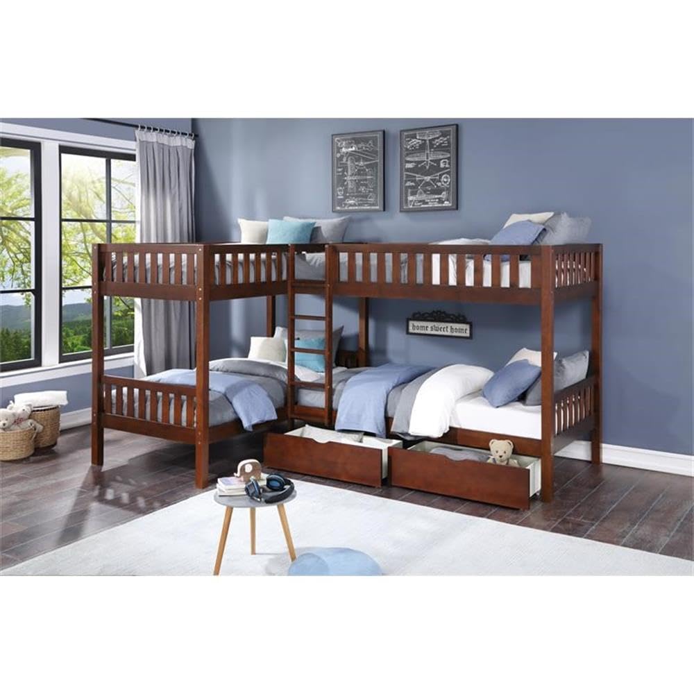 Lexicon Rowe Transitional Wood Corner Bunk Bed with Storage Boxes in Dark Cherry - Space Saving Kids Bedroom Furniture for Small Rooms & Shared Bedrooms