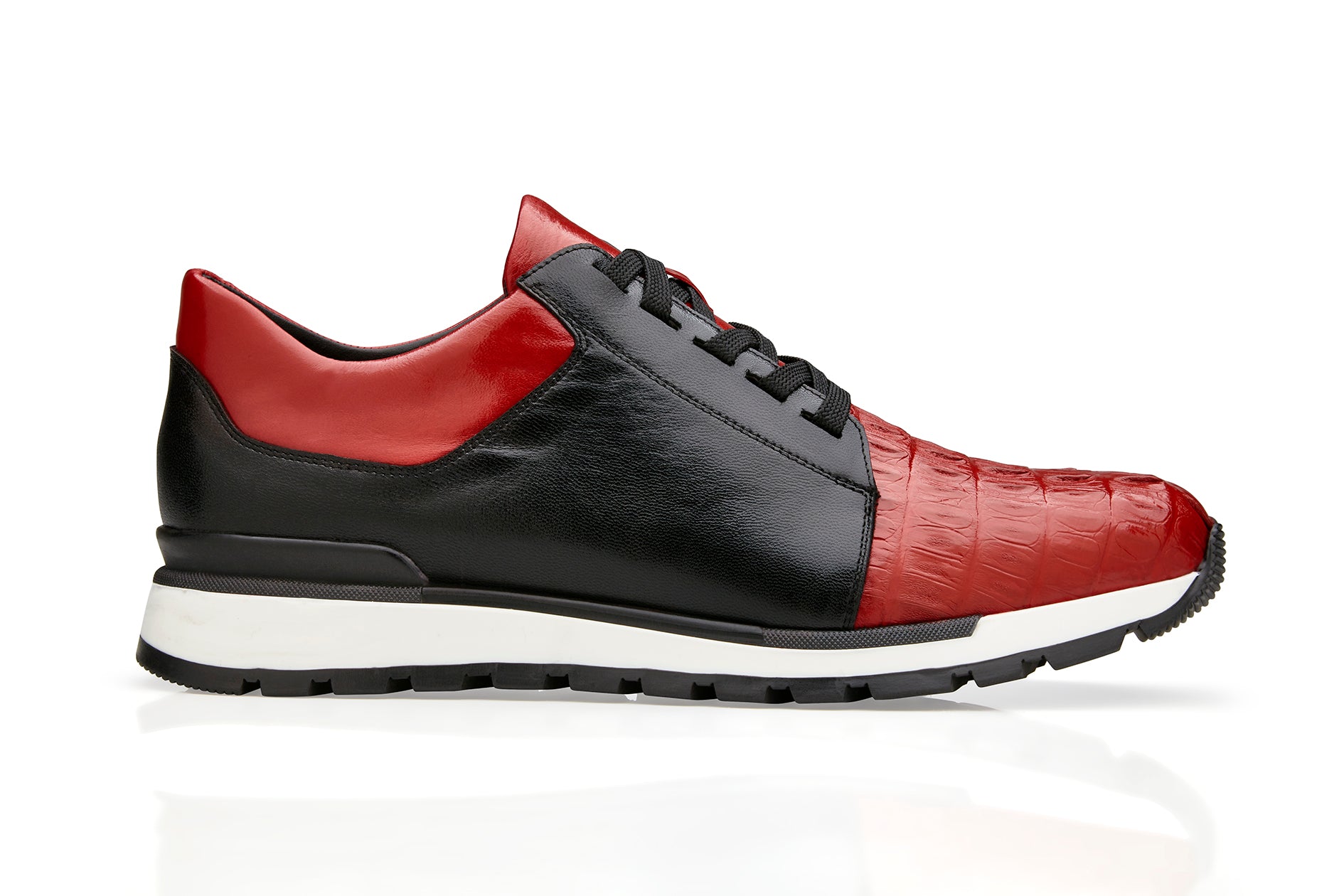 Belvedere Titan Genuine Caiman Crocodile & Italian Calf Leather Sneakers - Red/Black 33631 | Luxury Men's Dress Shoes for Business & Formal Occasions