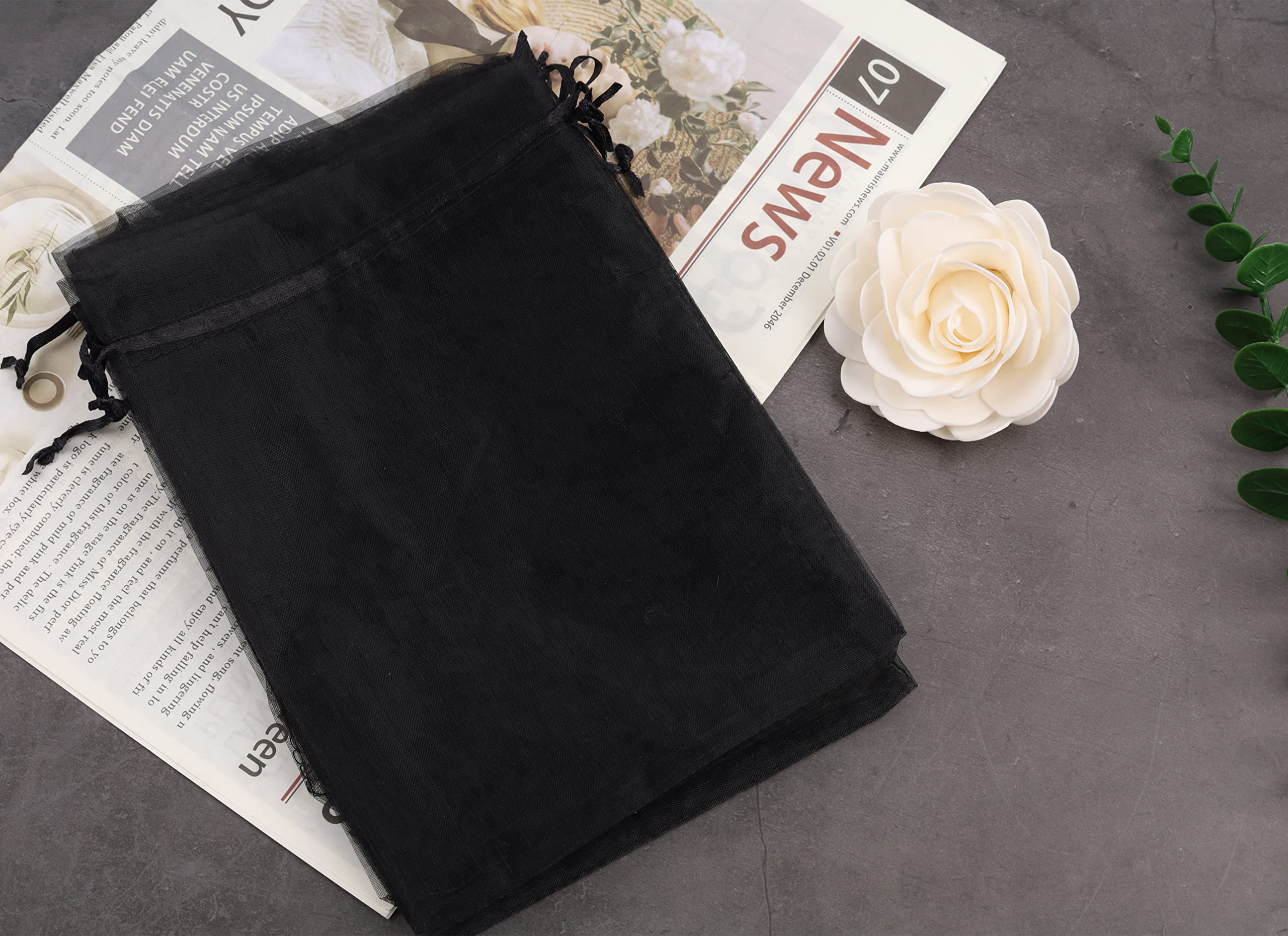 YunKo 50pcs 6x9 Inches Black Organza Drawstring Gift Bags - Wedding Favor, Candy, Jewelry & Party Favor Bags - Perfect for Bridal Showers, Baby Showers, Birthday Parties & Holiday Gifts