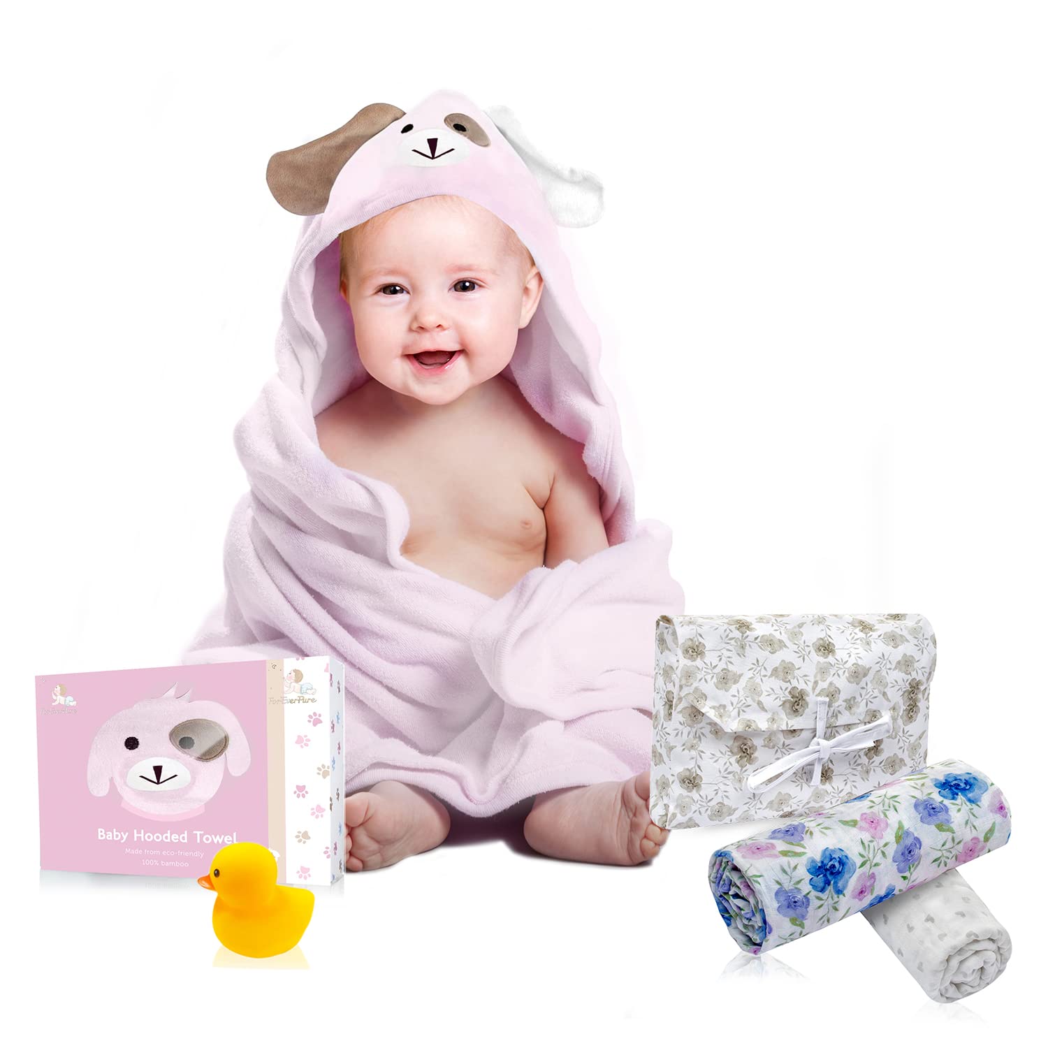 Premium Baby Shower Gift Set - 100% Organic Bamboo Cotton Hooded Towel & Swaddle Blanket Bundle | Newborn Essentials for Bath Time, Swaddling & Photo Shoots