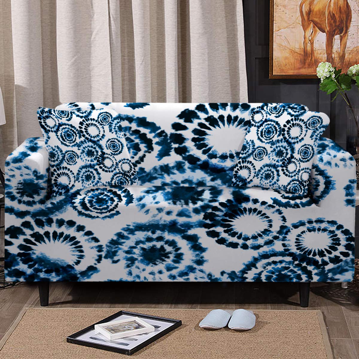 Sleepwish Blue Tie Dye Stretch Sofa Slipcover - 3 Cushion Couch Cover, Loveseat & Armchair Protector with 2 Free Pillow Covers (XL Size) | Waterproof, Anti-Slip Furniture Protector for Living Room, Bedroom & Dorm Decor