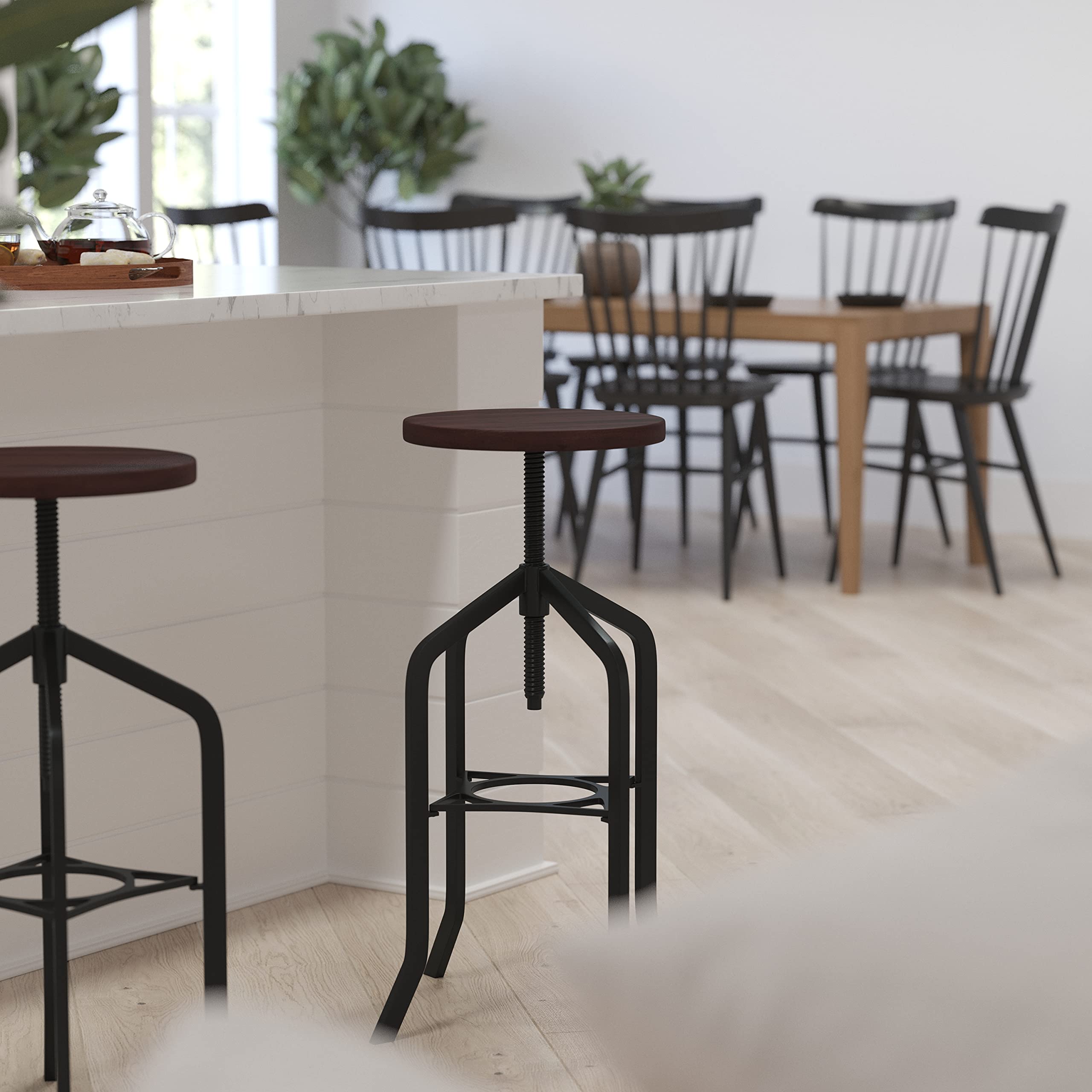 Merrick Lane Bergen Black Metal Bar Stool - Wood Grain Counter Stool - Backless Kitchen Stool for Dining, Breakfast Nook & Home Bar - Adjustable Height Modern Bar Chair