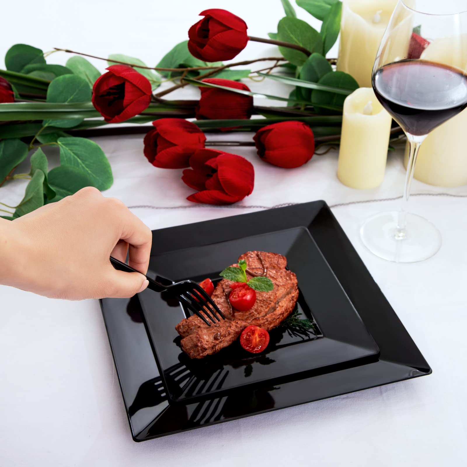 Liacere 60-Pack Black Plastic Plates - Premium Square Disposable Plates Set (30PCS 9.5