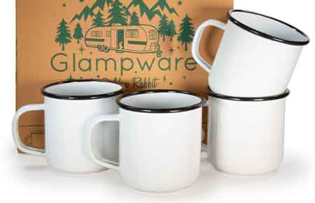 Premium Glampware Black Rim 12 oz Coffee Mugs - Set of 4 Durable Ceramic Cups for Hot & Cold Beverages - Perfect for Camping, Home, Office & Outdoor Adventures