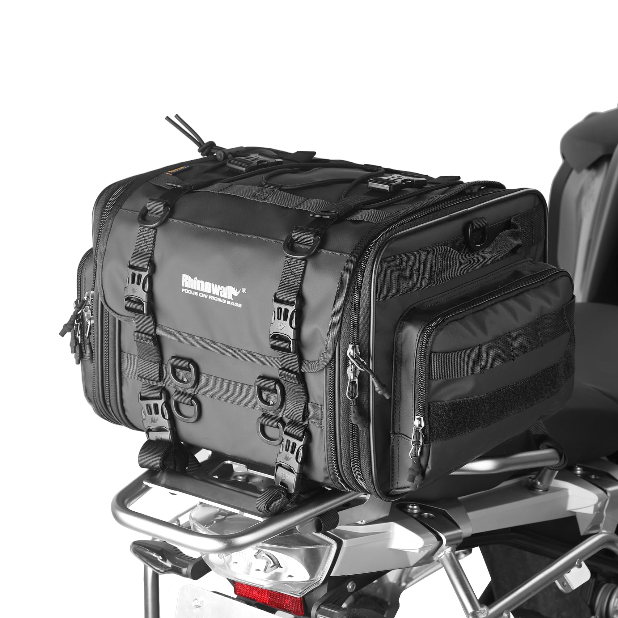 Rhinowalk 45L Expandable Waterproof Motorcycle Tail Bag - All Weather Travel Luggage with Sissy Bar Straps for Trunk & Rack (Black) - Perfect for Road Trips, Commuting & Adventure Riding