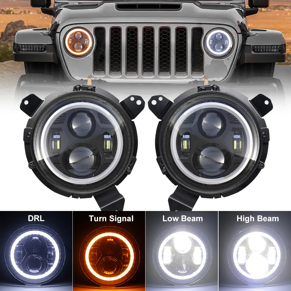 LOYO 7 LED Spider Headlight with Halo DRL + 9 LED Mounting Bracket Ring Compatible with 2018-2023 Jeep Wrangler JL & Gladiator - Off-Road Lighting Upgrade for Night Driving & Adventure