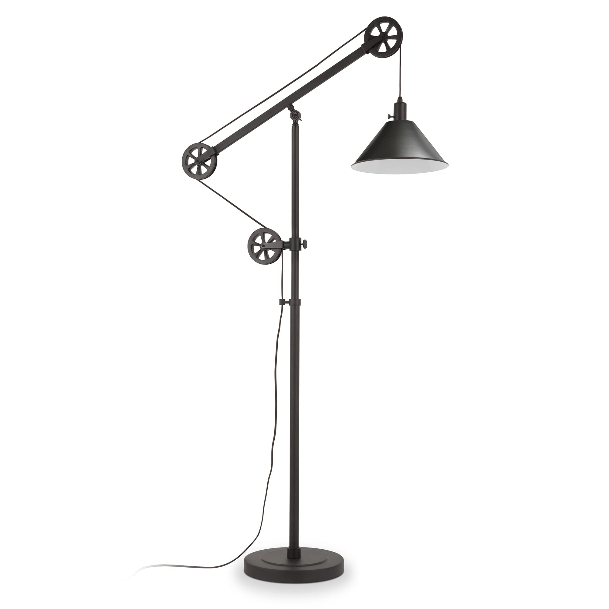 Henn&Hart Industrial Pulley System Floor Lamp with Adjustable Metal Shade - Blackened Bronze Finish for Home Office, Bedroom & Living Room | Modern Lighting for Reading, Workspace & Ambient Decor
