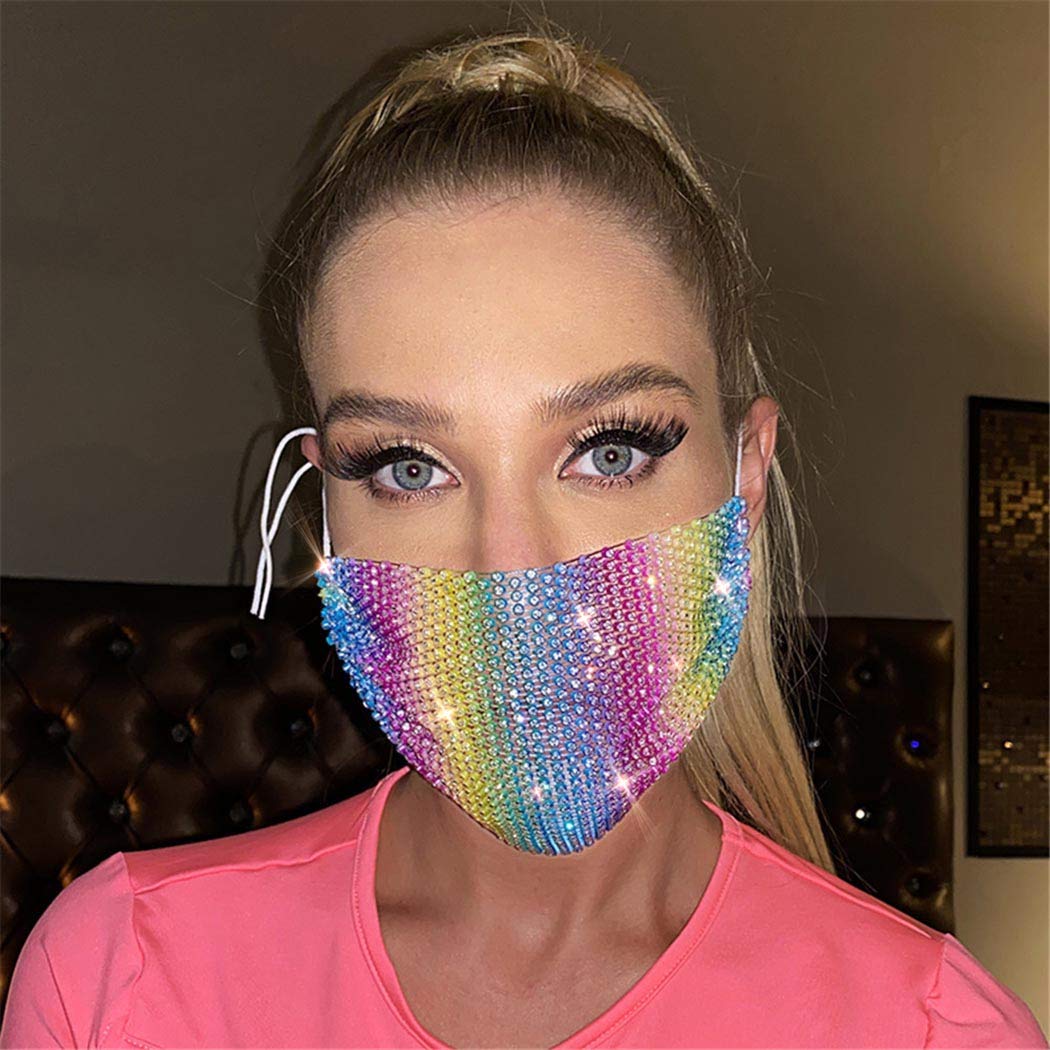 Sparkling Rhinestone Mesh Face Mask - Breathable Crystal Party Mask with Purple & Rainbow Stones for Women & Girls | Reusable Glam Mask for Nightclub, Rave, Costume & Special Events