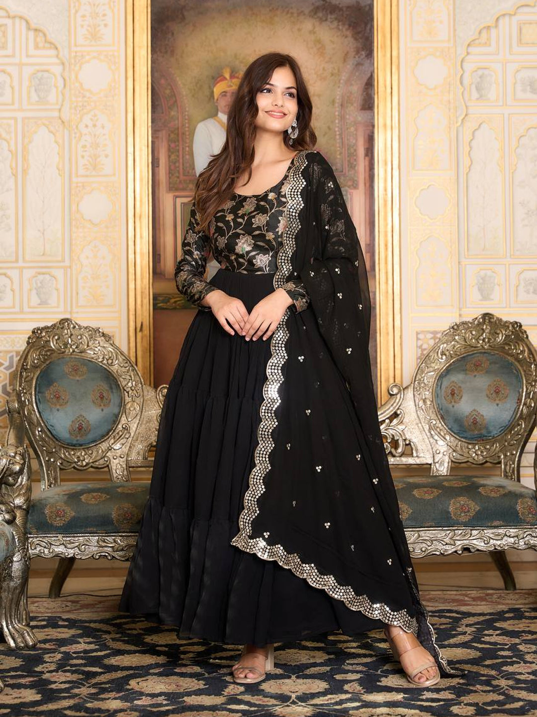Elegant Black Embroidered Gown with Dupatta - Ready to Wear Festive Dress for Women | Perfect for Weddings, Parties & Special Occasions