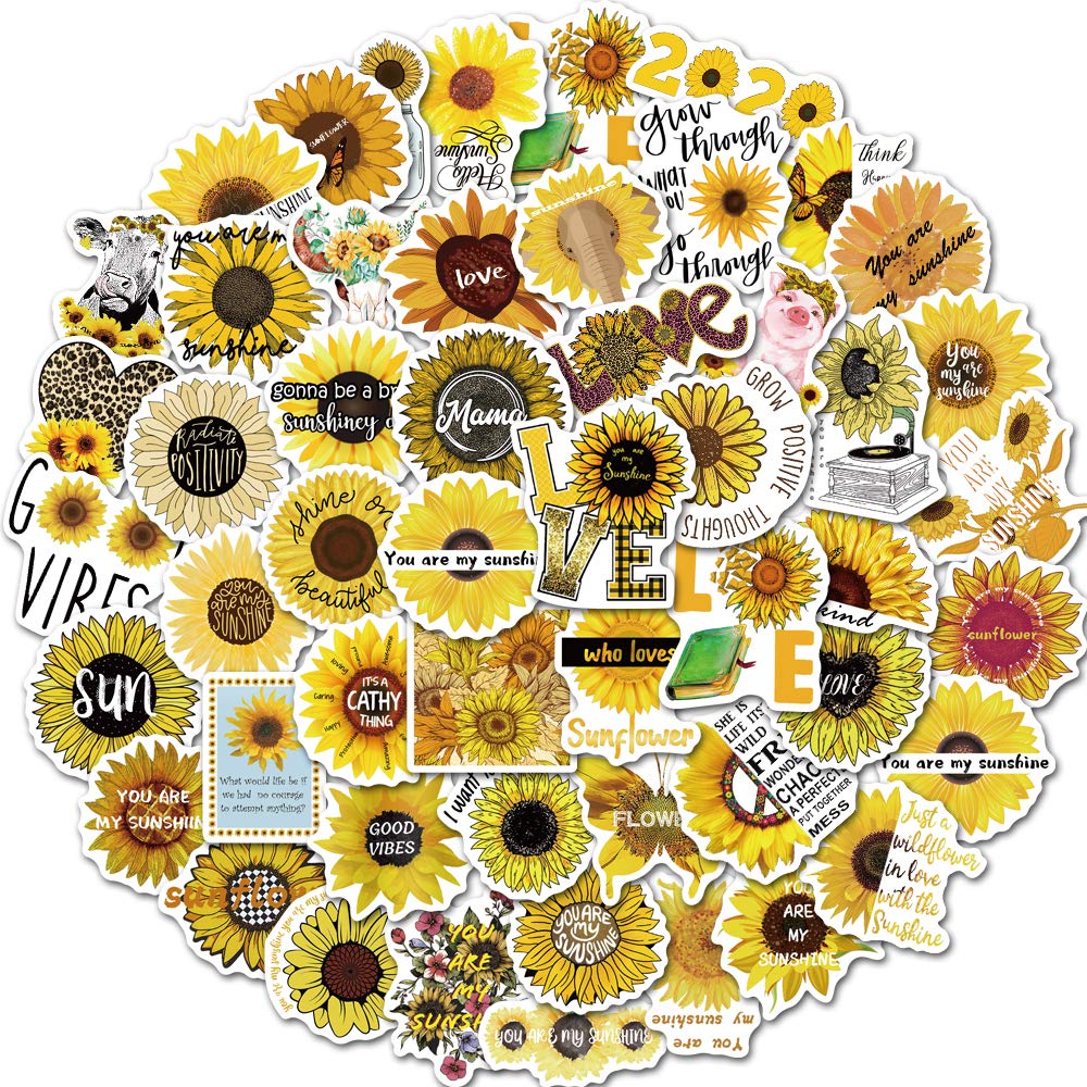 50 PCS Sunflower Stickers - Colorful Waterproof Vinyl Stickers for Water Bottles, Laptops, Flasks | Cute Aesthetic Decals for DIY Crafts, Scrapbooking & School Supplies | Bulk Sticker Pack for Kids & Adults