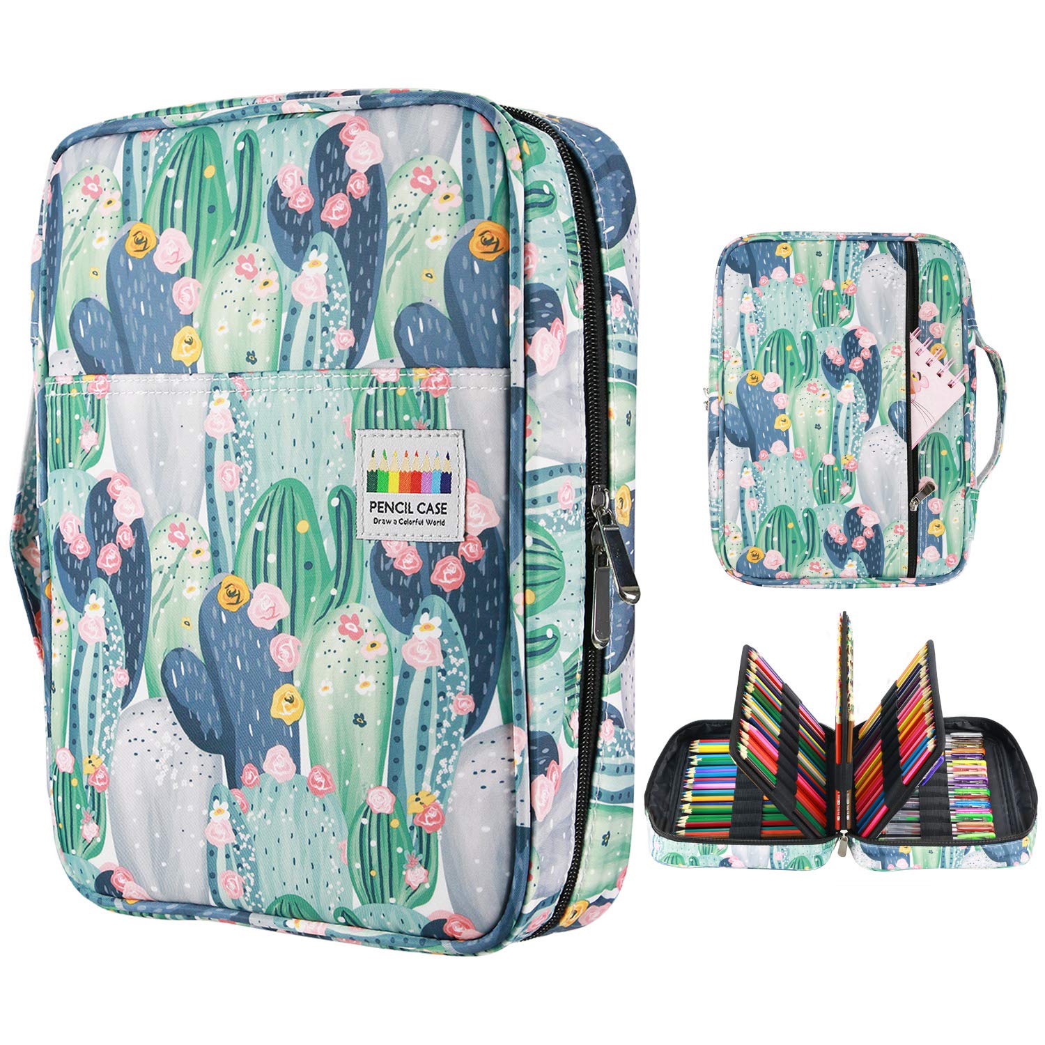 YOUSHARES 220 Slot Pencil Case Organizer with Wrap & Zipper - Large Capacity Pencil Holder for Prismacolor Premier, Gel Pens, Markers - Perfect for Artists, Students & Office Use (Cactus Design)