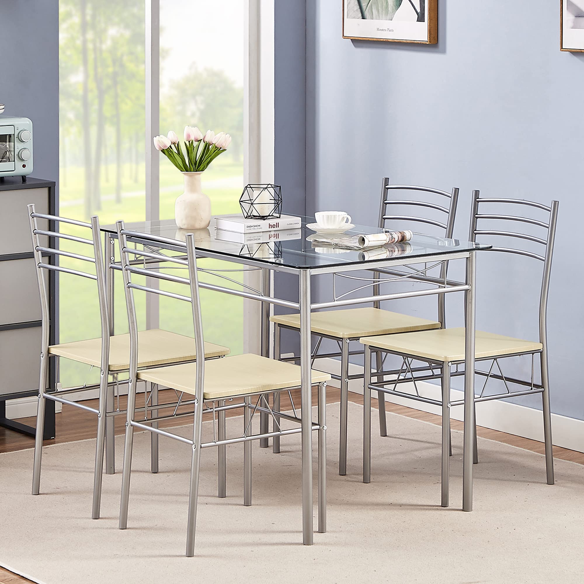 VECELO 5-Piece Space Saving Kitchen Dining Table and Chairs Set - Compact Dinette for Small Spaces, Silver | Perfect for Apartments, Breakfast Nooks & Cozy Kitchens