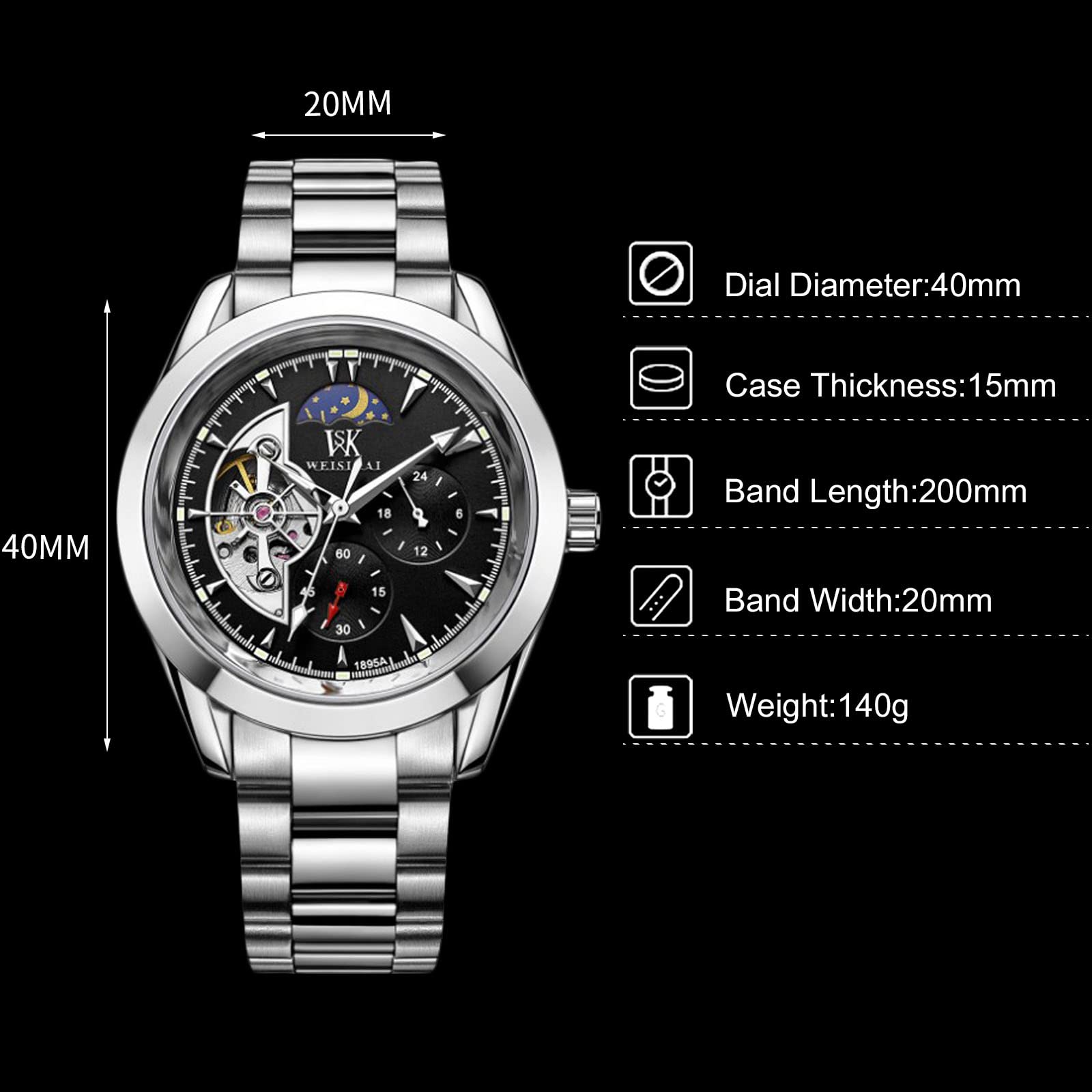 RORIOS Men's Automatic Mechanical Watch with Luminous Hands & Moon Phase - Stainless Steel Strap - Waterproof Dress Watch for Business, Formal & Casual Wear