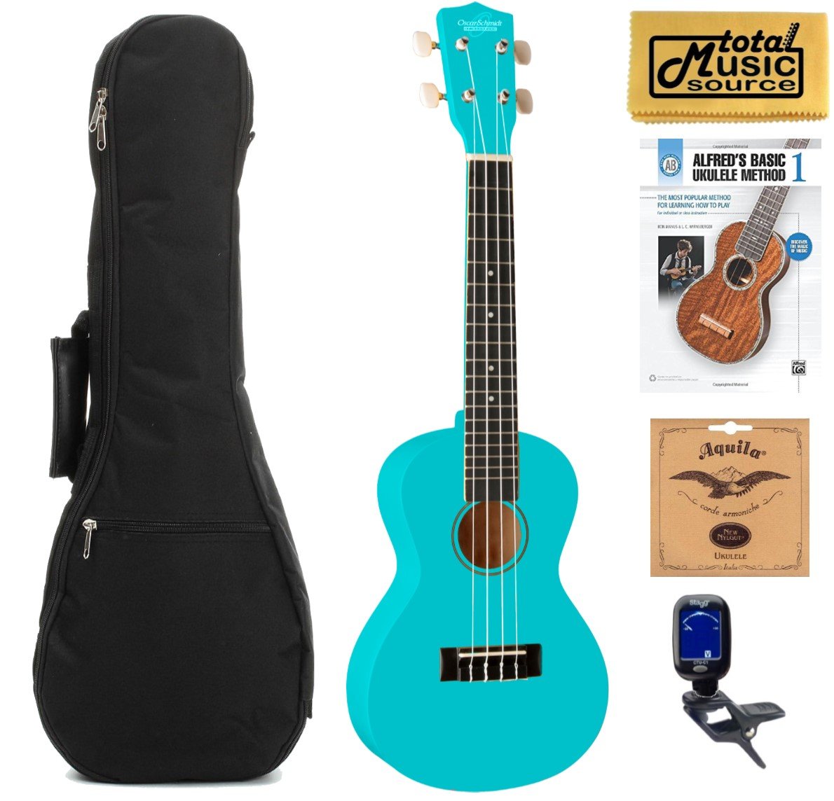 Oscar Schmidt OU1CBL Concert Ukulele - Light Blue Basswood with Free Book Bundle | Perfect for Beginners, Travel & Beach Performances