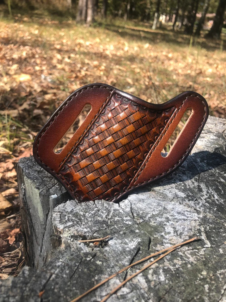 Handmade Leather Pancake Holster with Belt Loop - Basketweave Design for Concealed Carry & Outdoor Activities