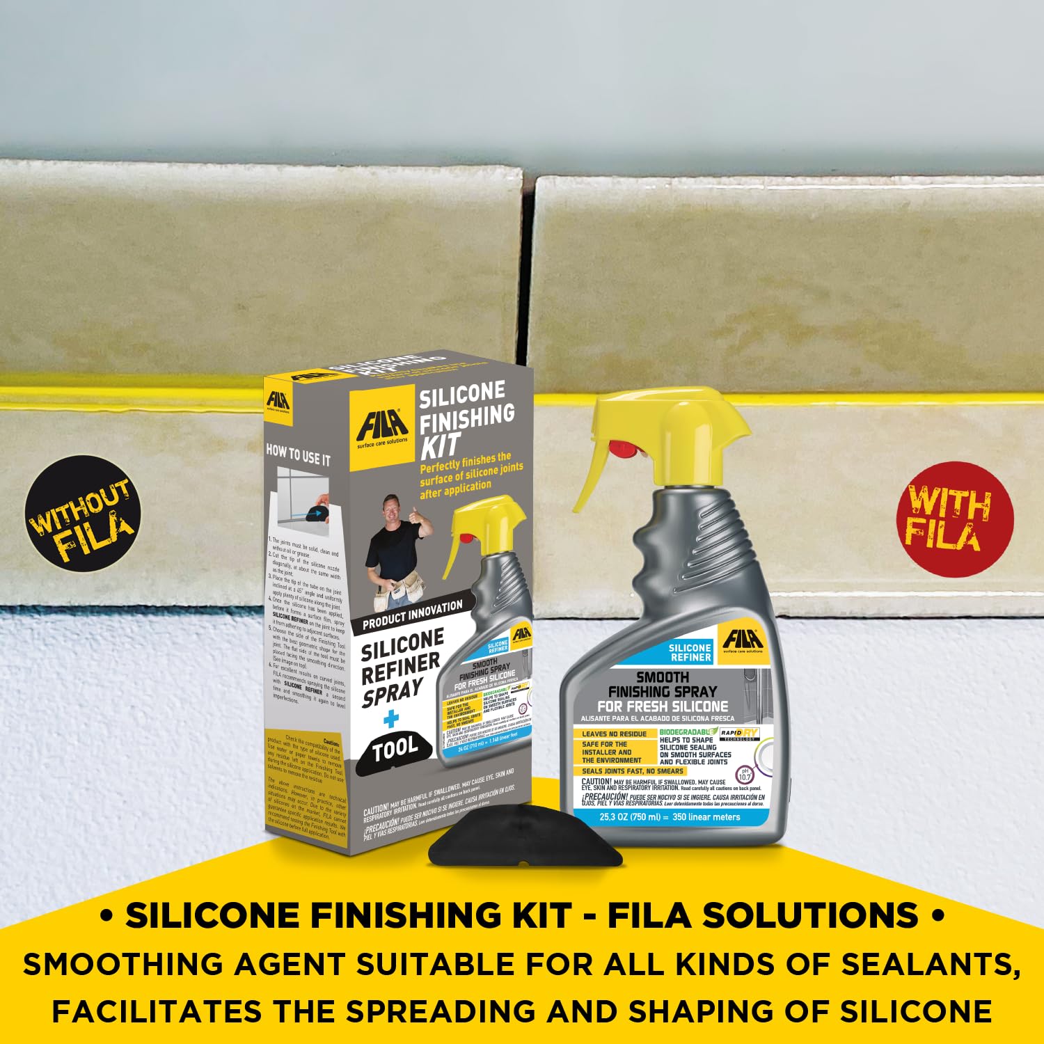 FILA Surface Care Silicone Finishing Kit with Smoothing Spray – 24oz Caulk Tool Included for Seamless Caulking & Silicone Application – Perfect for Bathroom, Kitchen & DIY Home Improvement Projects