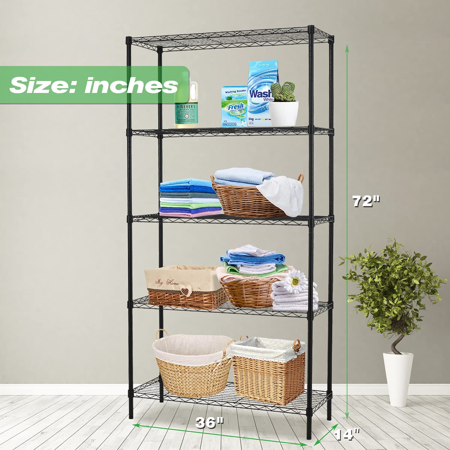 Heavy Duty 5-Tier Metal Storage Shelf - Adjustable NSF Commercial Shelving Unit for Laundry, Bathroom, Kitchen, Garage & Pantry Organization (14